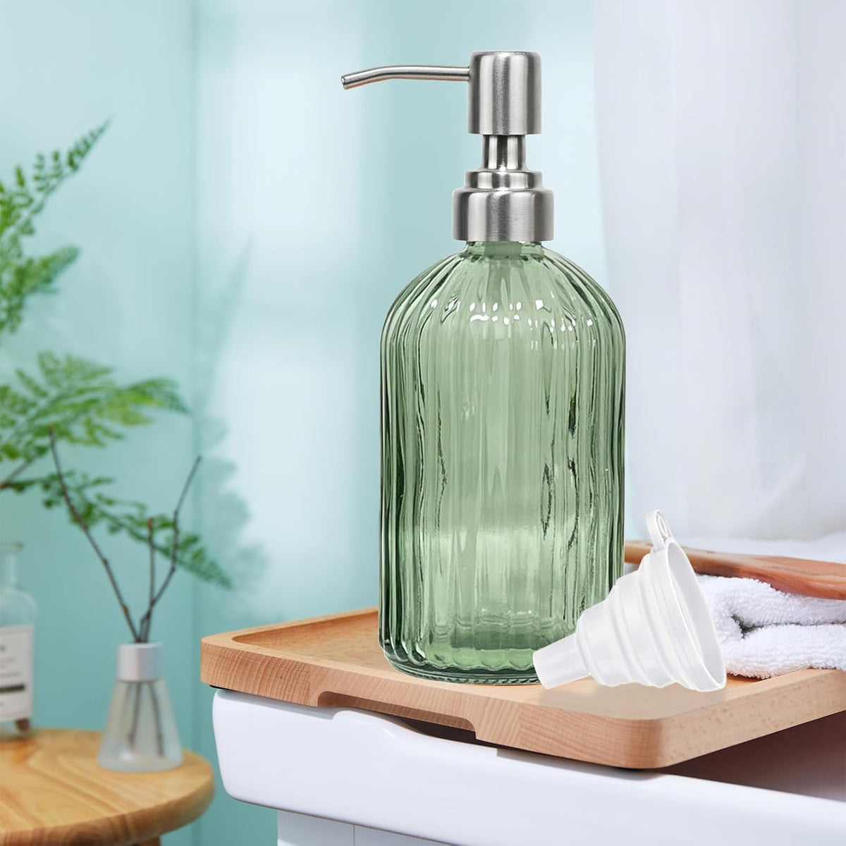 14Oz Green Soap Dispenser Bathroom, Clear Glass Hand Soap Dispensers with Stainless Steel Pump