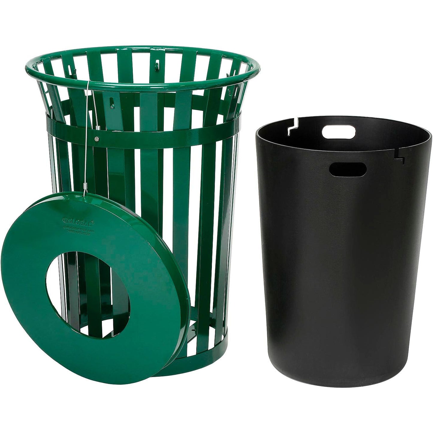Global Industrial 36 Gallon Outdoor Slatted Steel Round Trash Can with Flat Lid, Plastic Liner &
