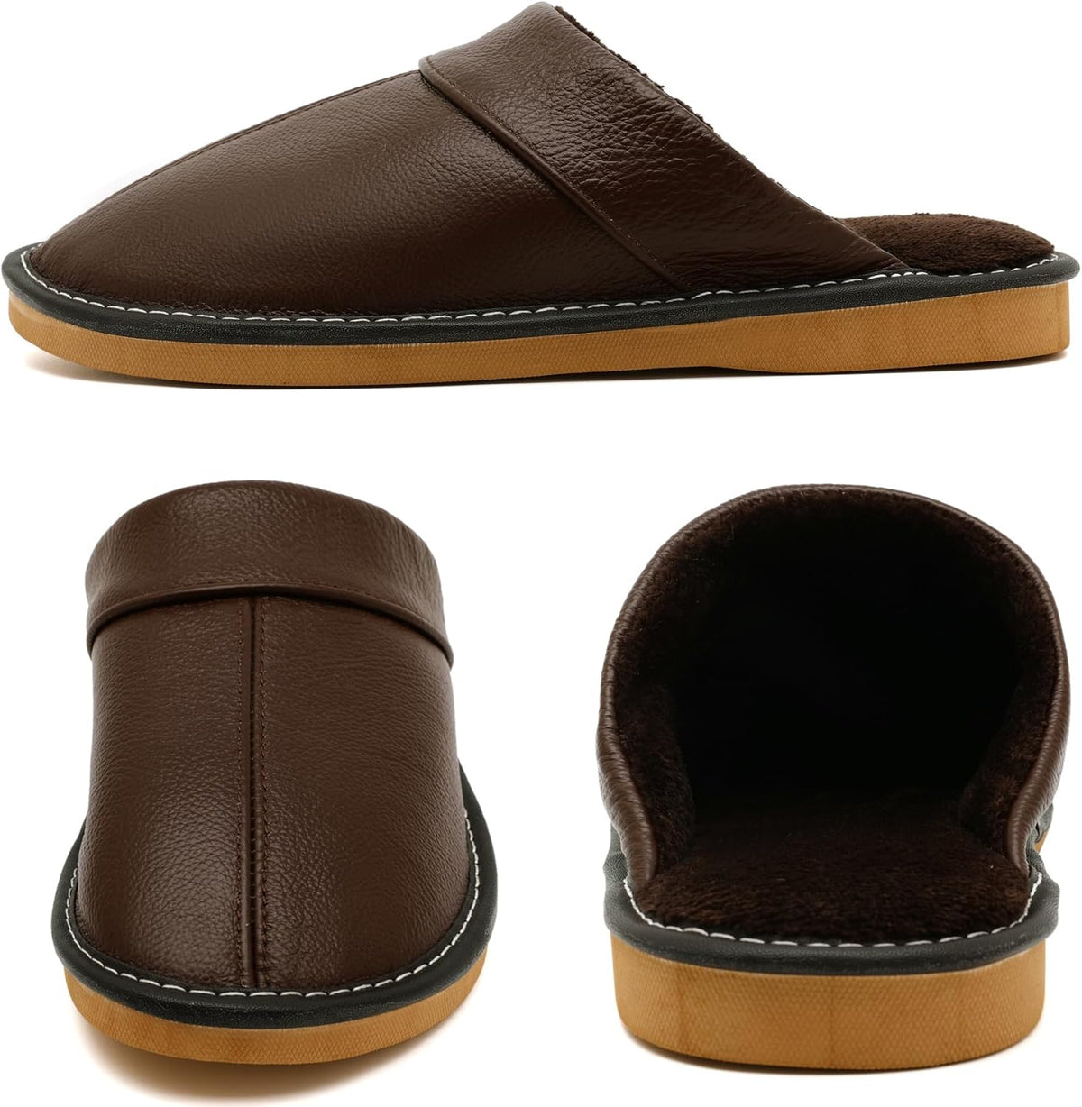 Slippers for Women Men, Genuine Leather Slippers Indoor Outdoor, Fuzzy Bedroom House Shoes for