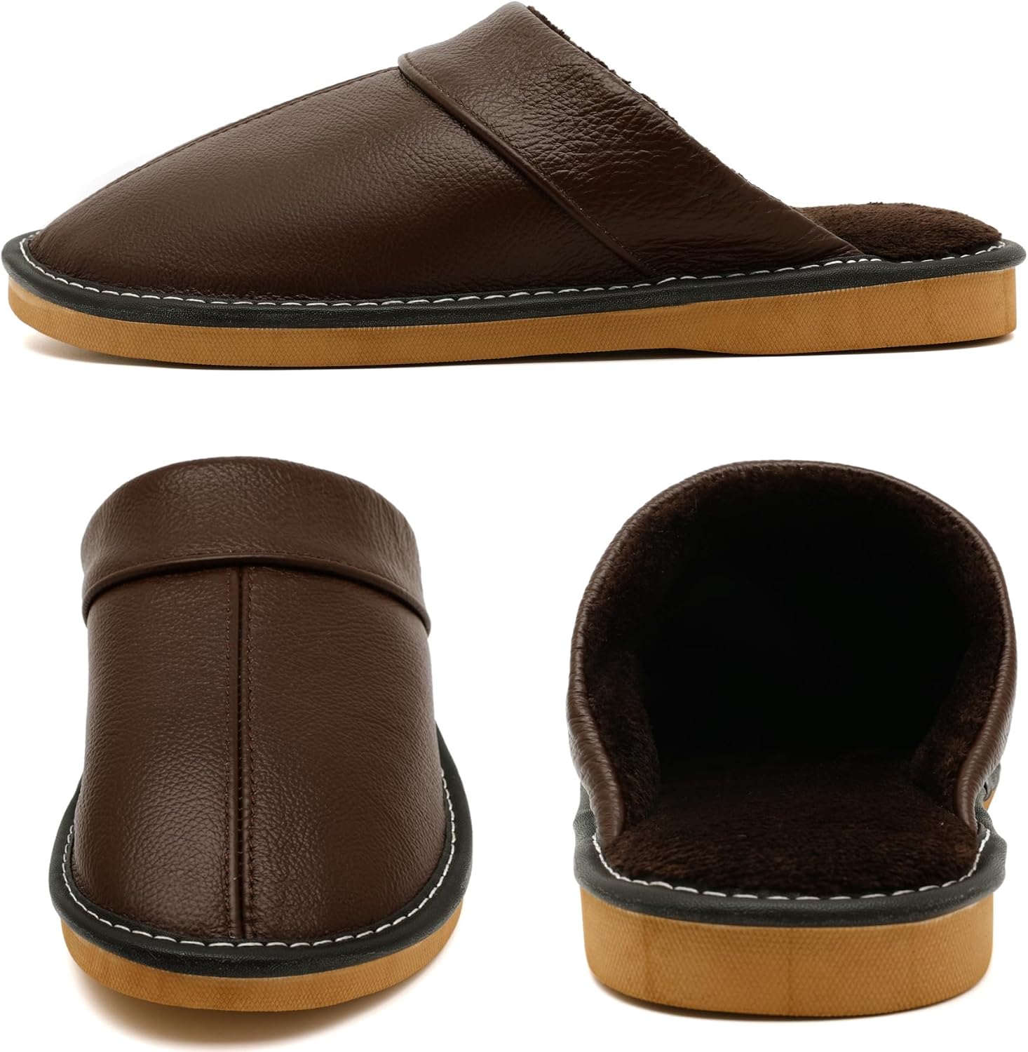 Slippers for Women Men, Genuine Leather Slippers Indoor Outdoor, Fuzzy Bedroom House Shoes for