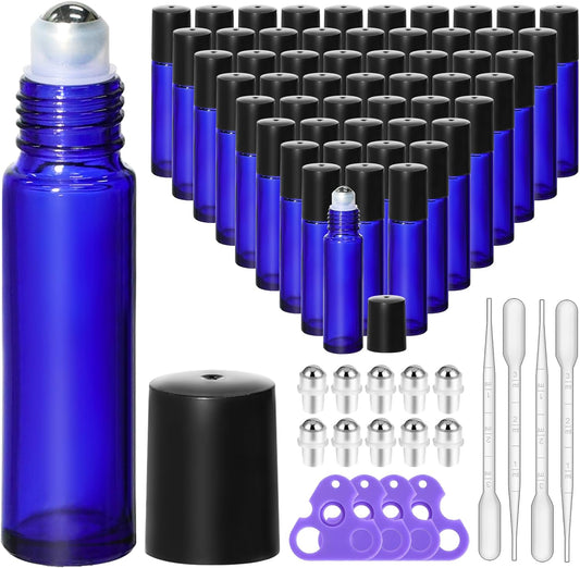 KEYWING 54 Pack Blue Essential Oil Roller Bottles – 10ml Glass Roll-On Bottles with Stainless Steel