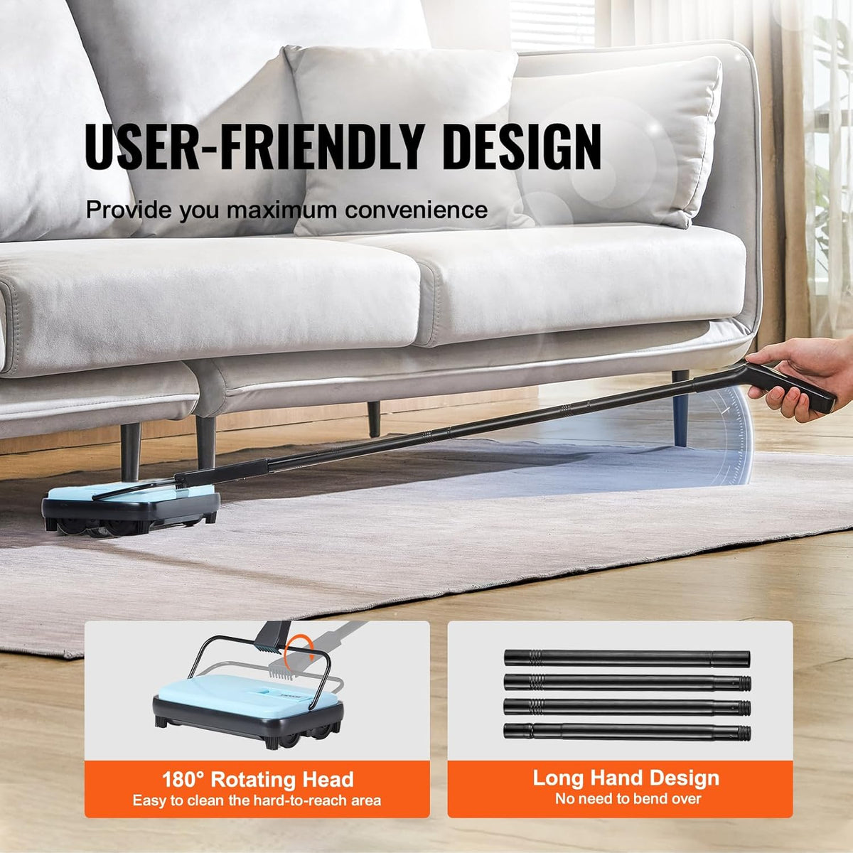 VEVOR Carpet Sweeper Manual, Floor Sweeper with 300 ml Dustbin Capacity Easy to Empty, 6.7 inch
