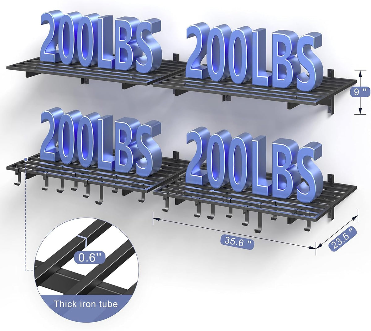 4-Pack 2x3ft Garage Shelving Wall Mounted, 2' x 3' Heavy Duty Garage Storage Shelves with Hooks