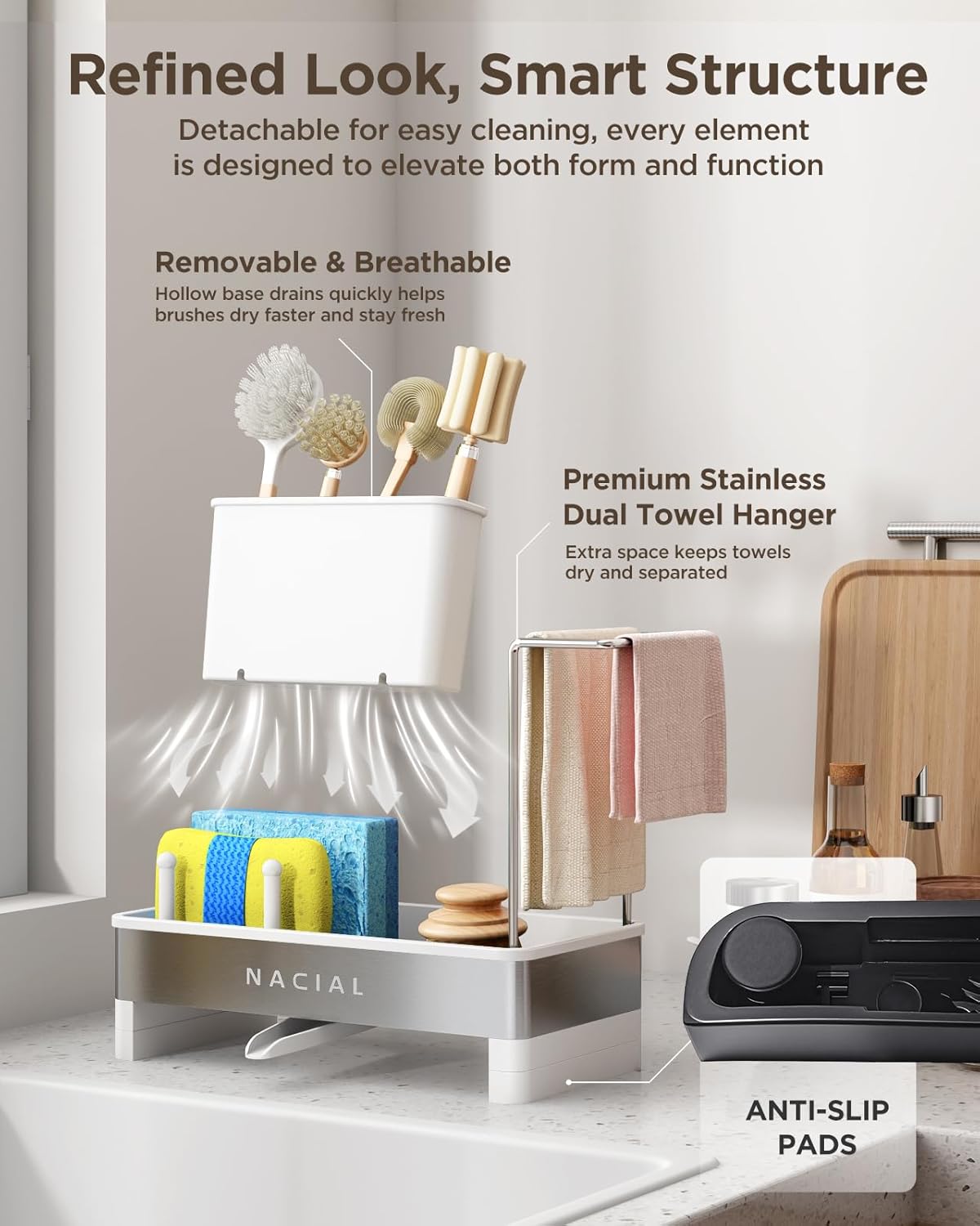 Nacial Sponge Holder for Kitchen Sink, Sink Caddy Organizer with High Brush Holder, Two Towel Racks