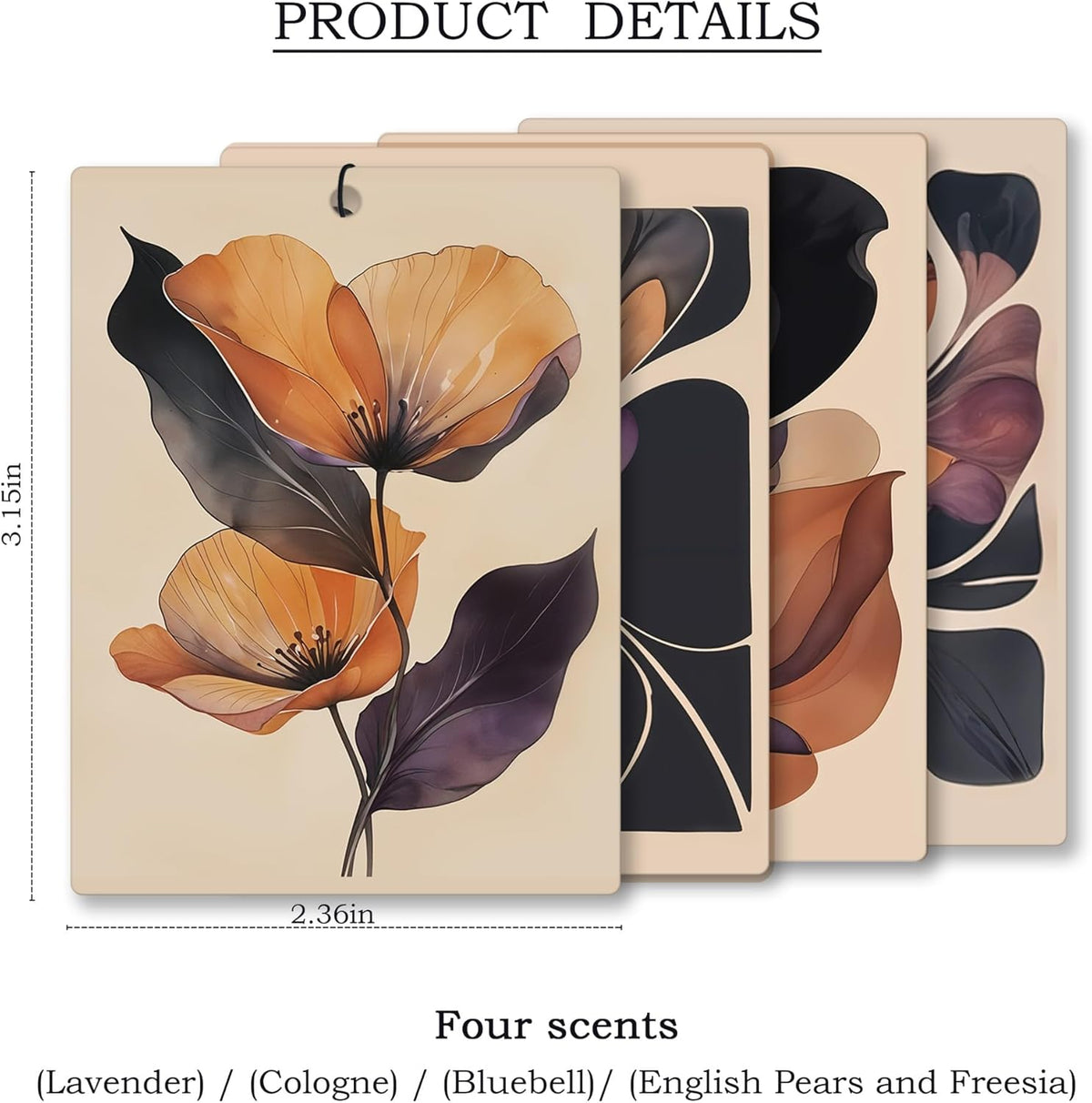 Boho Abstract Floral Car Air Freshener 4 Pcs, Retro Orange and Black Flower Hanging Scents Air