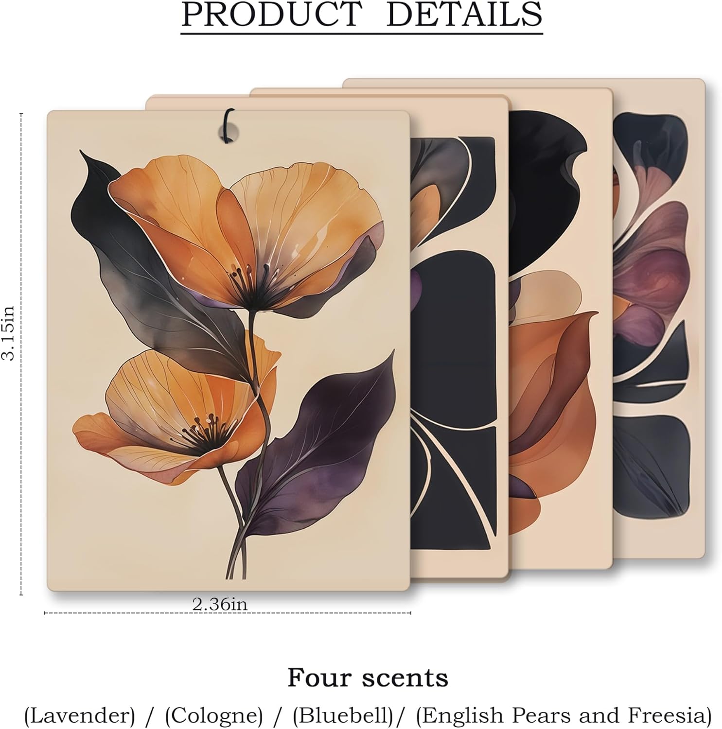 Boho Abstract Floral Car Air Freshener 4 Pcs, Retro Orange and Black Flower Hanging Scents Air