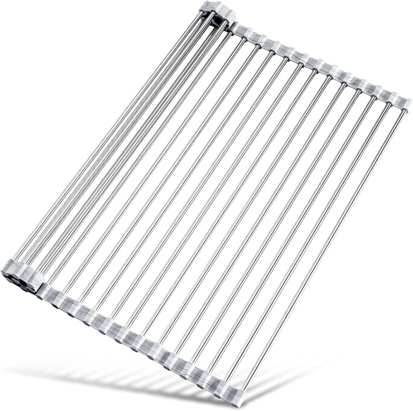 Tomorotec Stainless Steel Roll-Up Dish Drying Rack Marble Color Silicone Edges, Foldable Kitchen