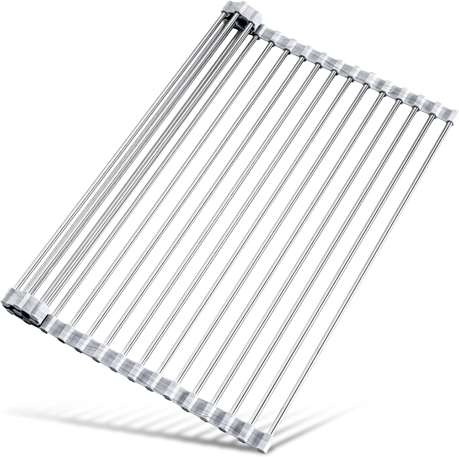 Tomorotec Stainless Steel Roll-Up Dish Drying Rack Marble Color Silicone Edges, Foldable Kitchen