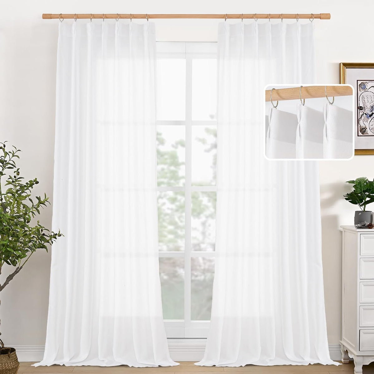 YoungsTex White Linen Semi Sheer Curtains for Living Room 84 Inch Length 2 Panels - Light Filtering
