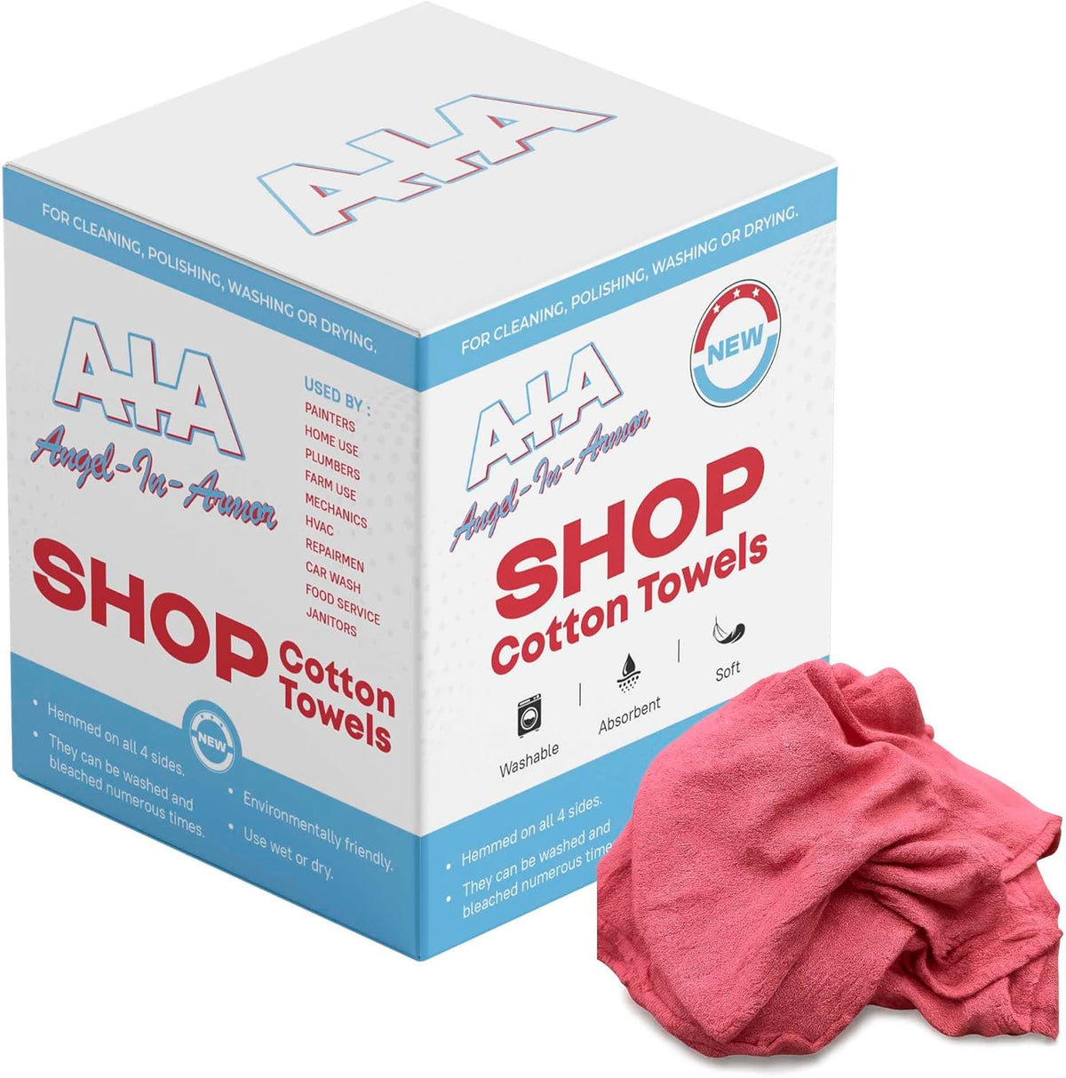 Angel-in-Armor Red Shop Towels (14”x14”) – 500 Unit Box of Lint-Free Cotton Shop Towel Cleaning