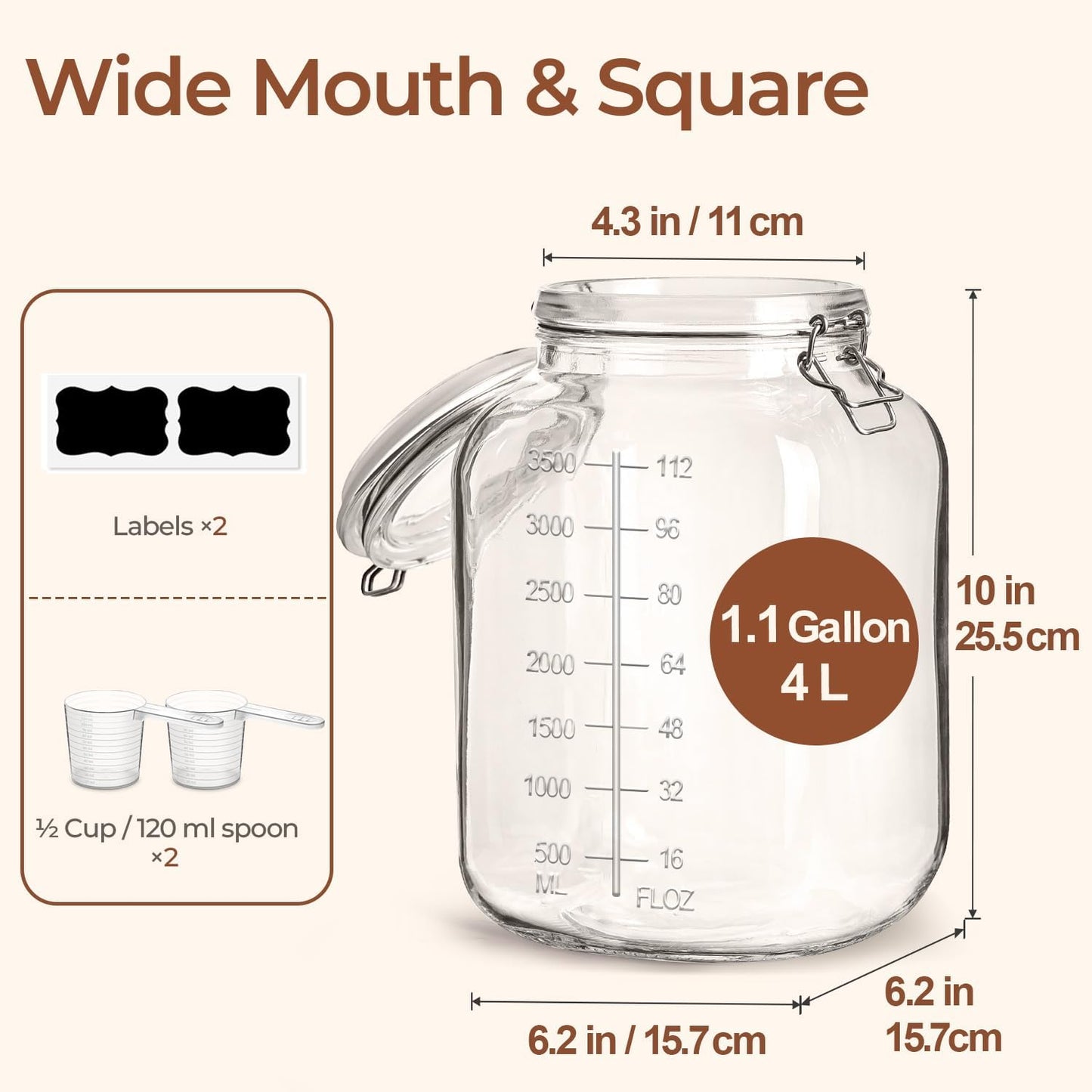 ComSaf Large Glass Storage Containers with Lids, 1.1 Gallon Glass Jar with airtight Lid for Rice