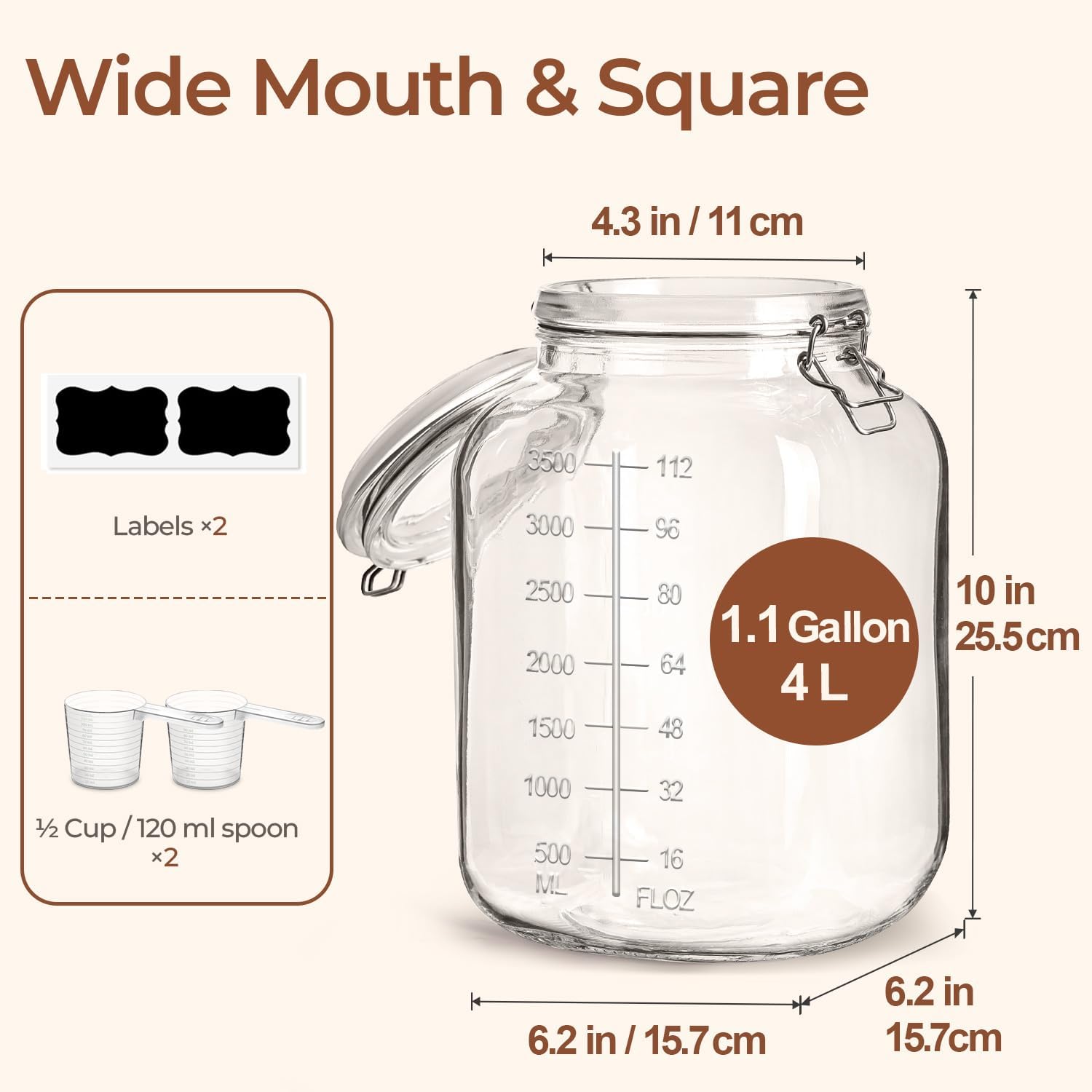 ComSaf Large Glass Storage Containers with Lids, 1.1 Gallon Glass Jar with airtight Lid for Rice