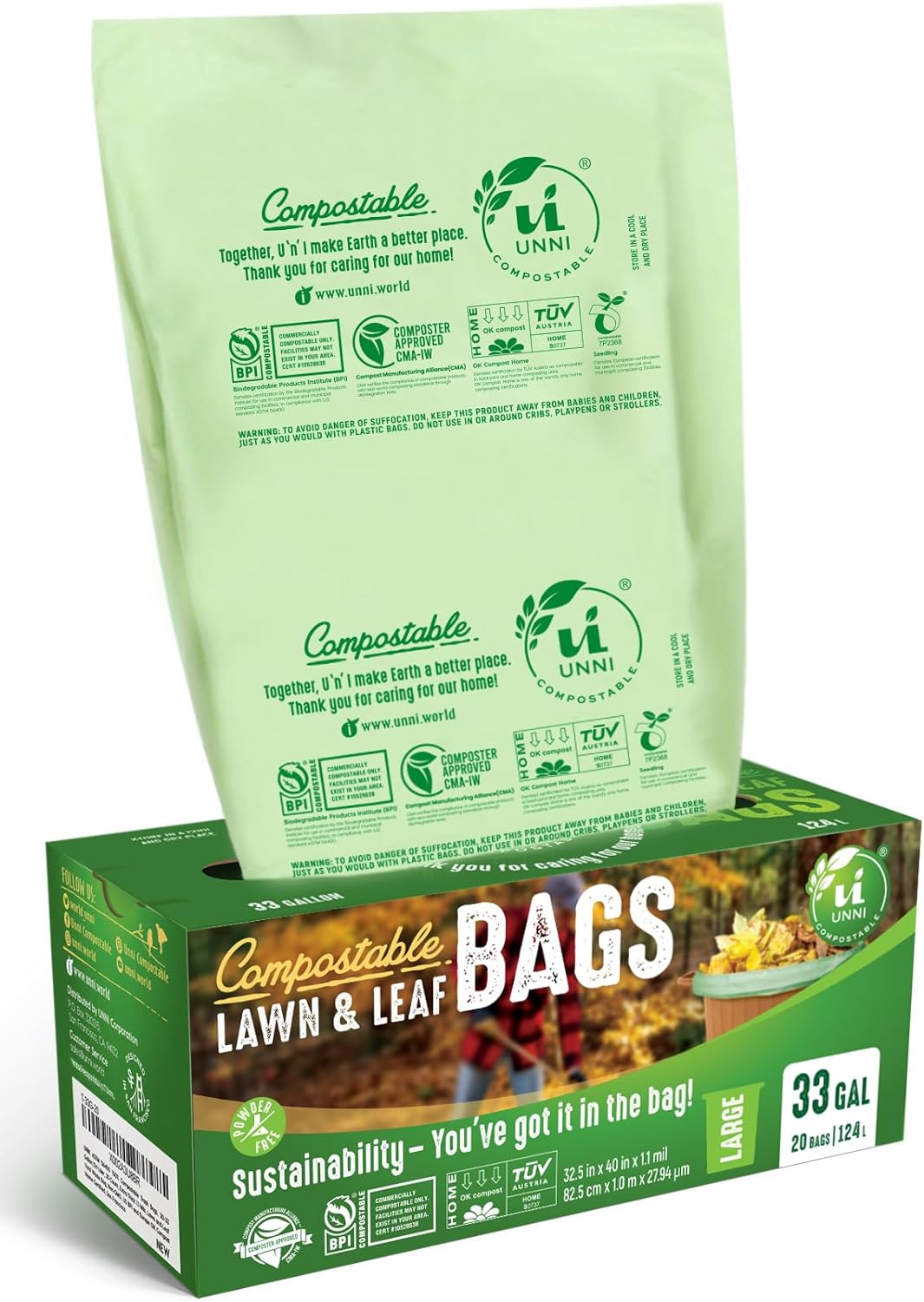 UNNI Compostable Lawn & Leaf Bags, 30-33 Gallon / 124 Liter, 40 Count Value Pack, Extra Thick 1.1