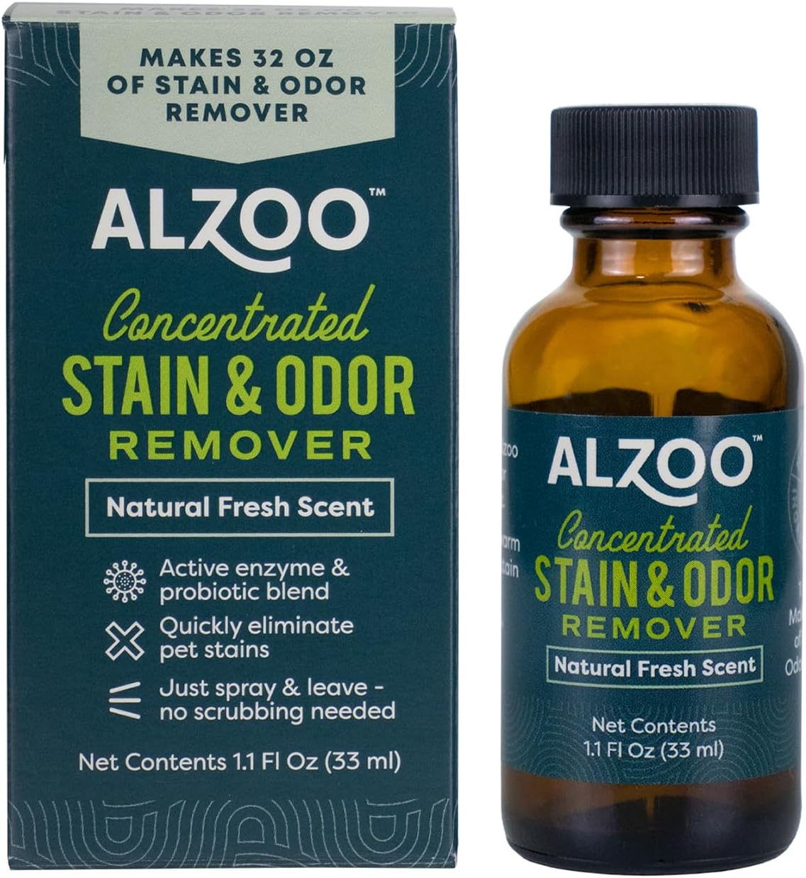 ALZOO Concentrated Stain & Odor Remover Refill Bottle, 100% Plant-Based Active Ingredients, 1.1 Fl.