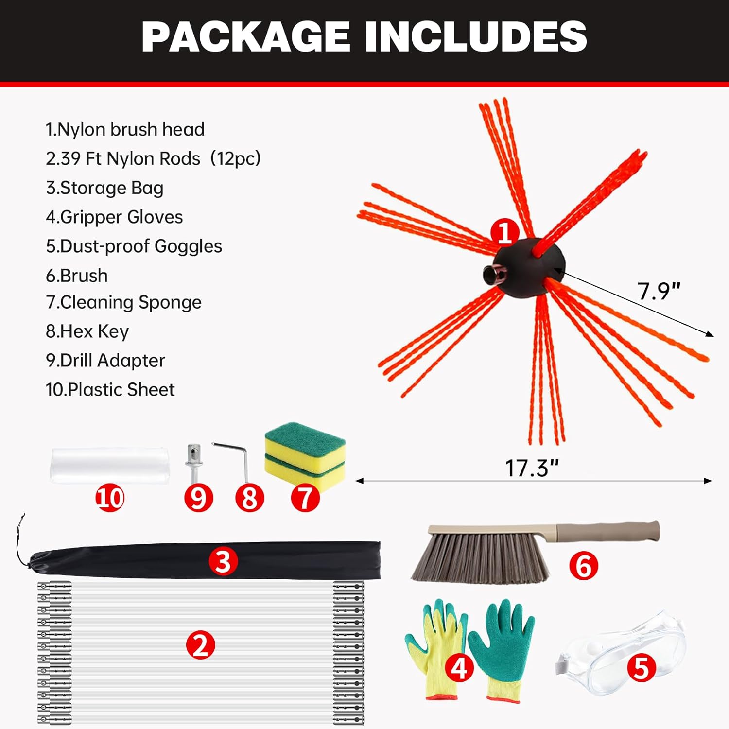 39 Feet Chimney Sweep Kit, Chrome Button Locking System, Chimney Cleaning Kit, Chimney Brush
