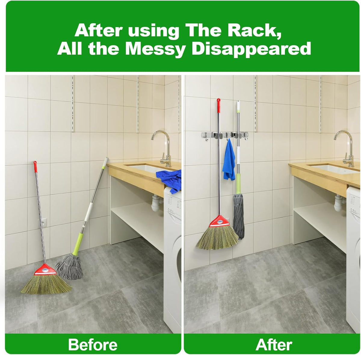 voze 2 Racks and 3 Hooks Mop and Broom Holder Wall Mount, Self Adhesive Heavy Duty Broom Organizer