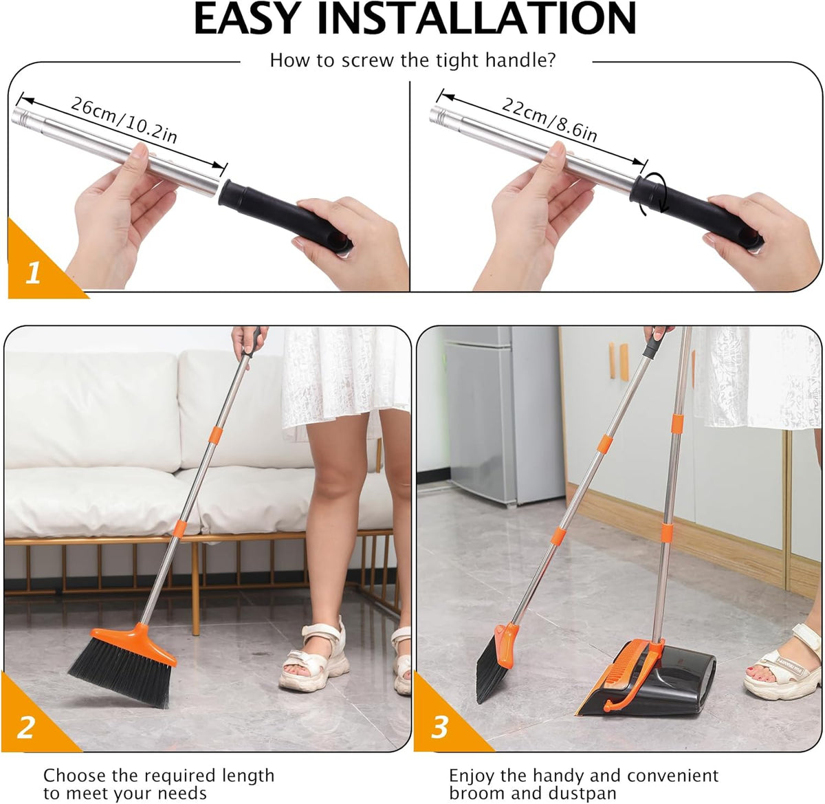 Broom and Dustpan Set with Long Handle, Light Weight Stainless Steel Poles Stand Upright Dustpans