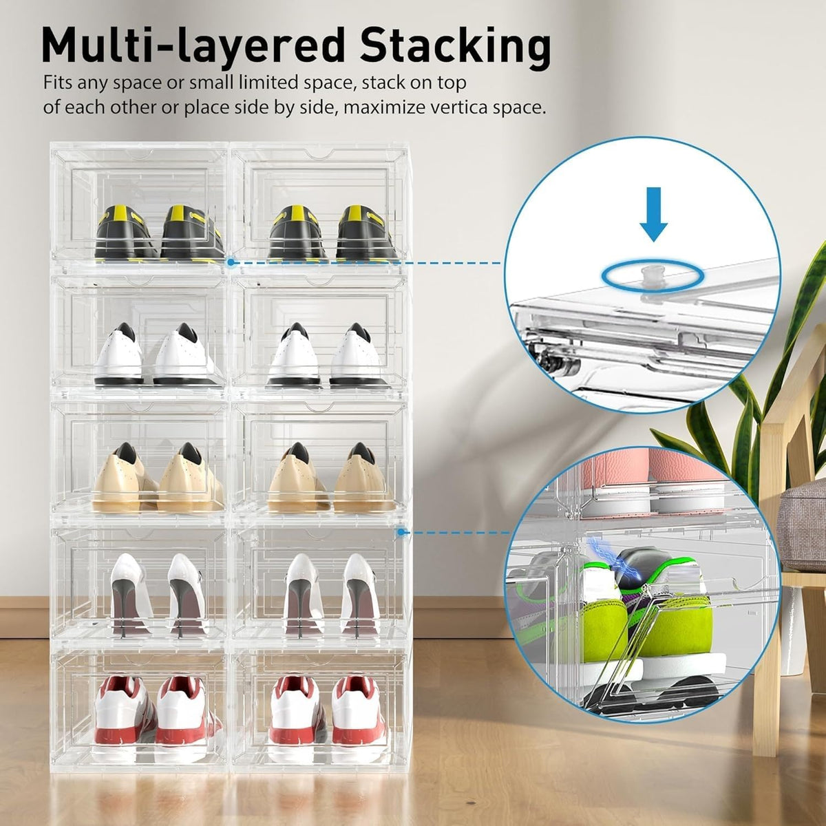 Mitees 10 Pack XX Large Thicken Sturdy Hard Plastic Clear Stackable Shoe Storage Boxes for Size 12