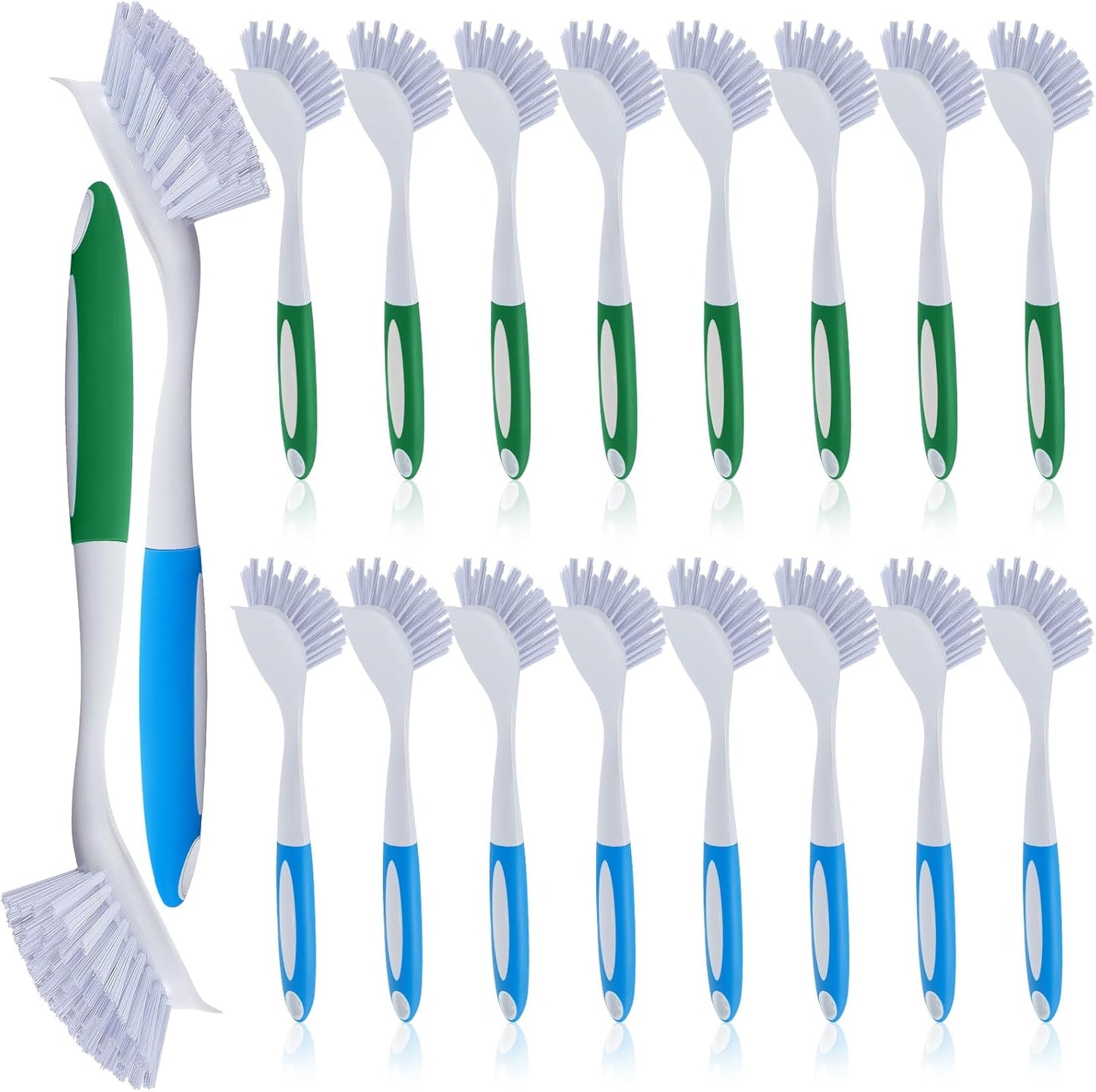 Hsei 20 Pcs Blue and Green Kitchen Scrub Dish Brush Bulk with 11 Inch Anti Slip Handle Cleaning