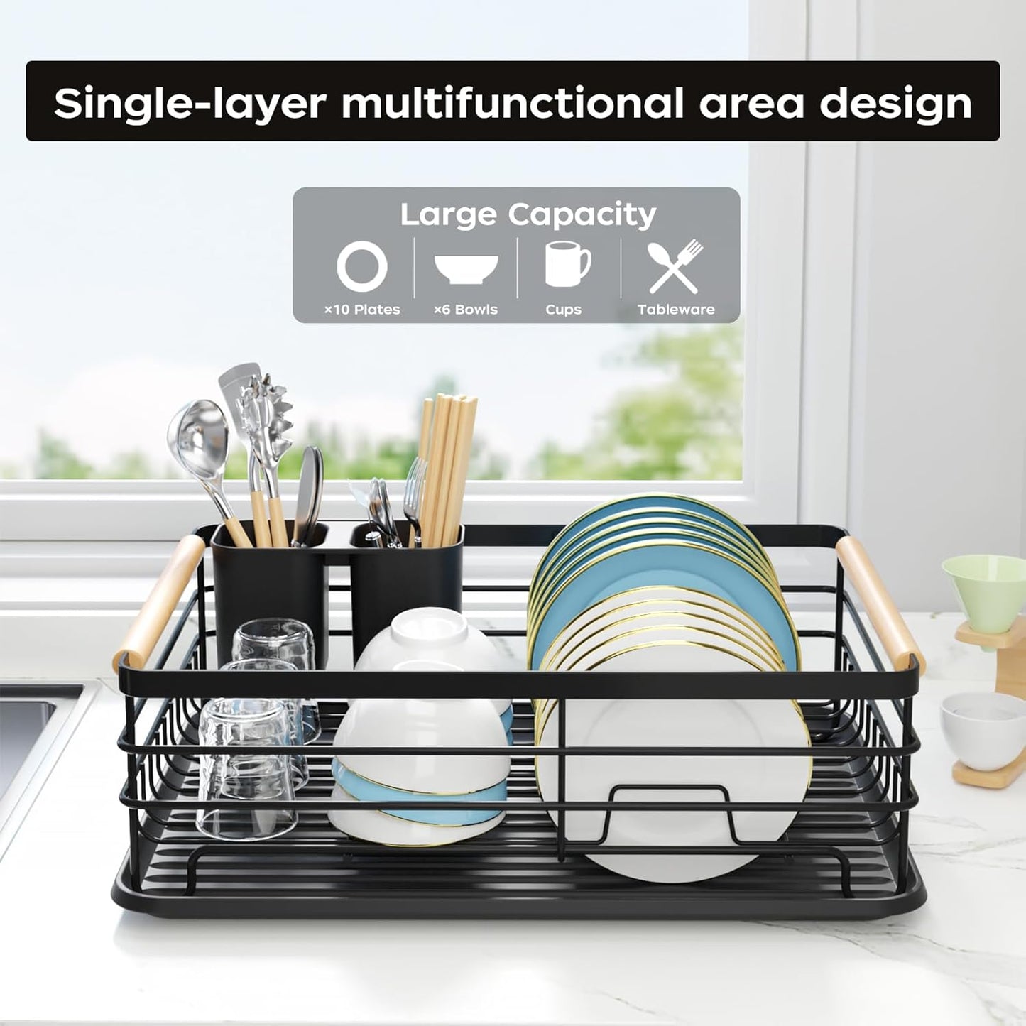 Dish Racks for Kitchen Counter: Wooden Handles, Thickened Metal, No Assembly. Small Dish Drying
