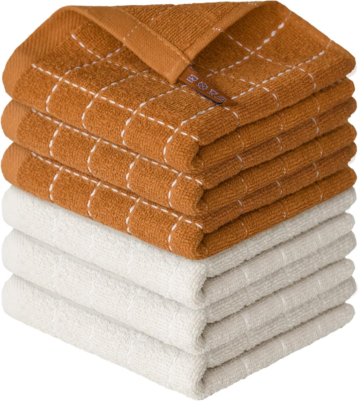 Artoid Mode Checkered Designed Cotton Beige Caramel Terry Kitchen Dish Cloths, 12x12 Inch Soft