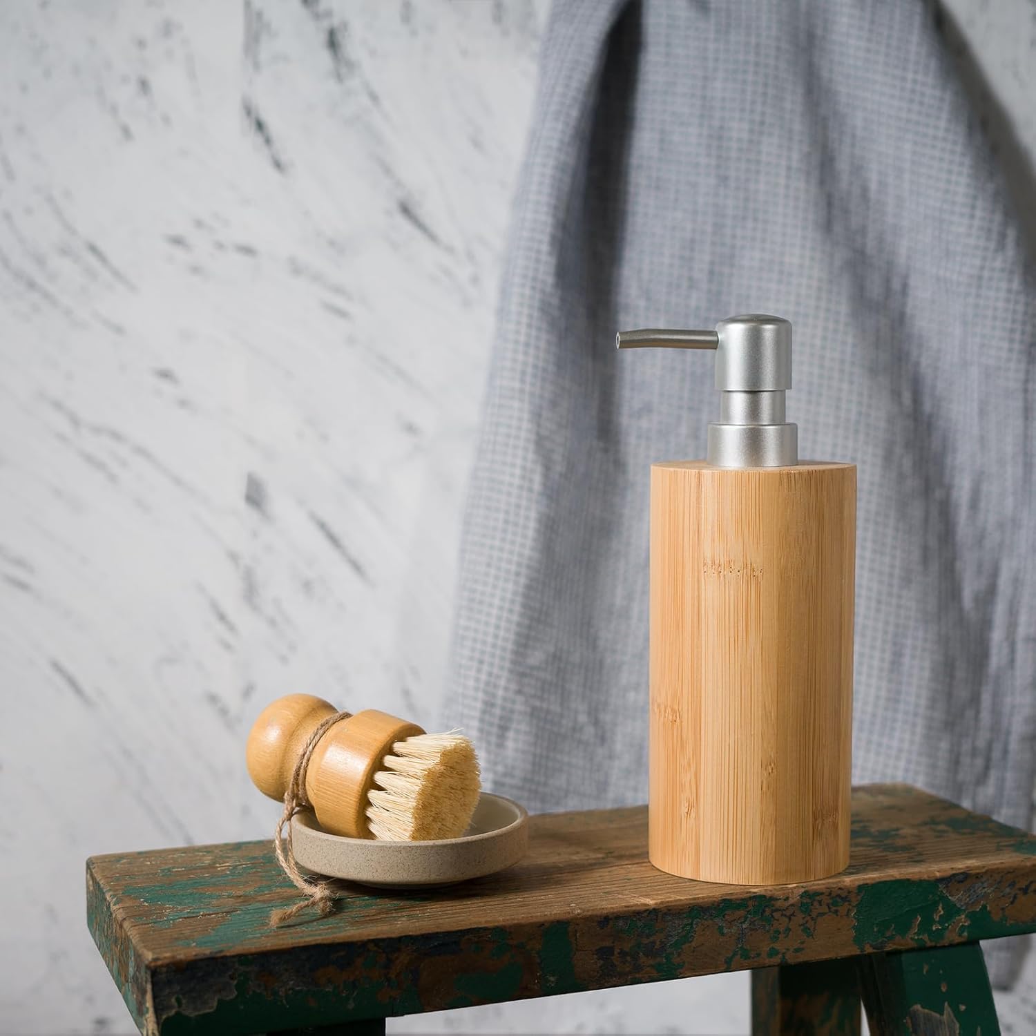 Natural Bamboo Liquid Soap Dispenser, 10 oz with Silver Plastic Pump, Refillable Hand Soap