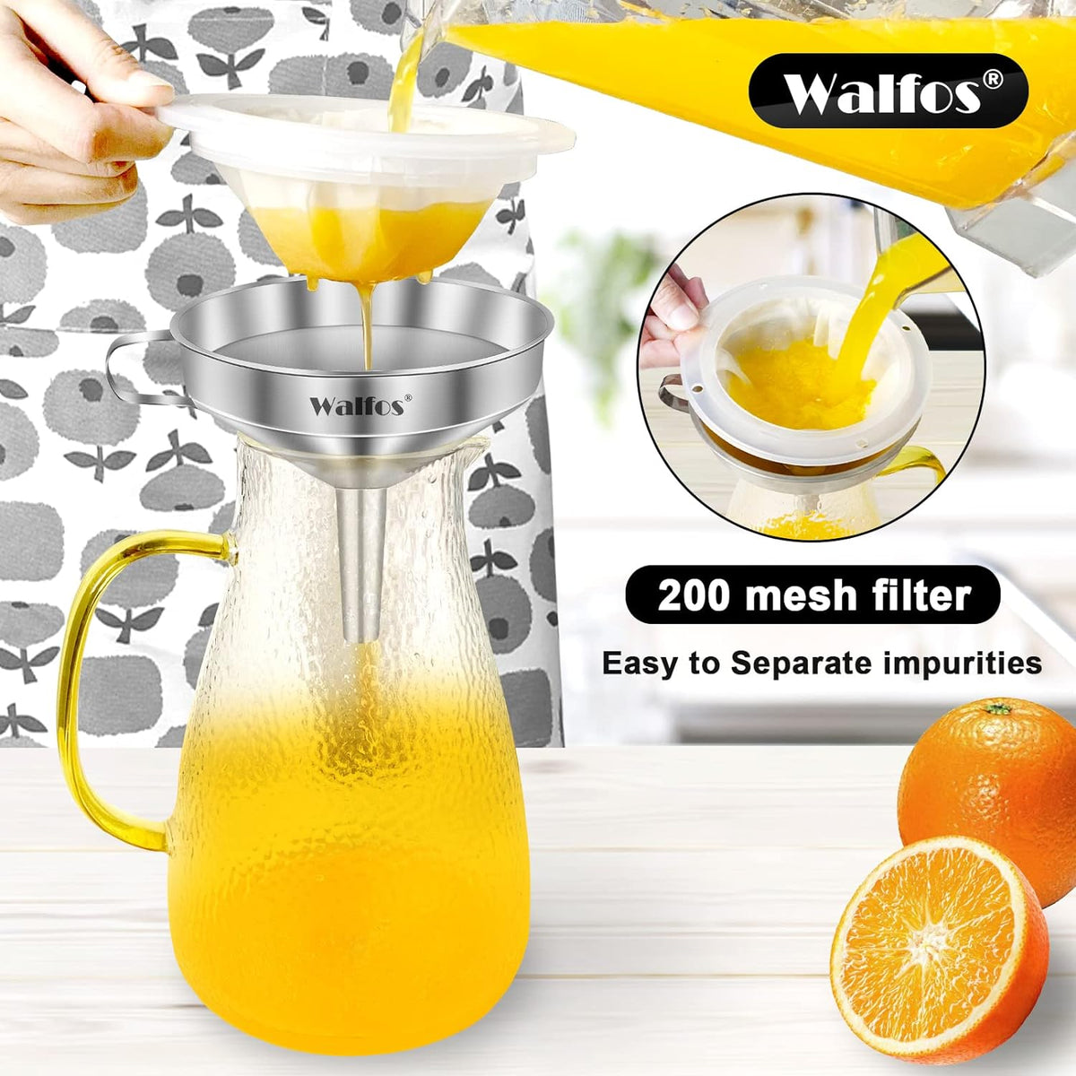 Stainless Steel Funnel, Walfos Kitchen Funnel with 2 Removable Strainer ＆ 1Pc Cleaning Brush
