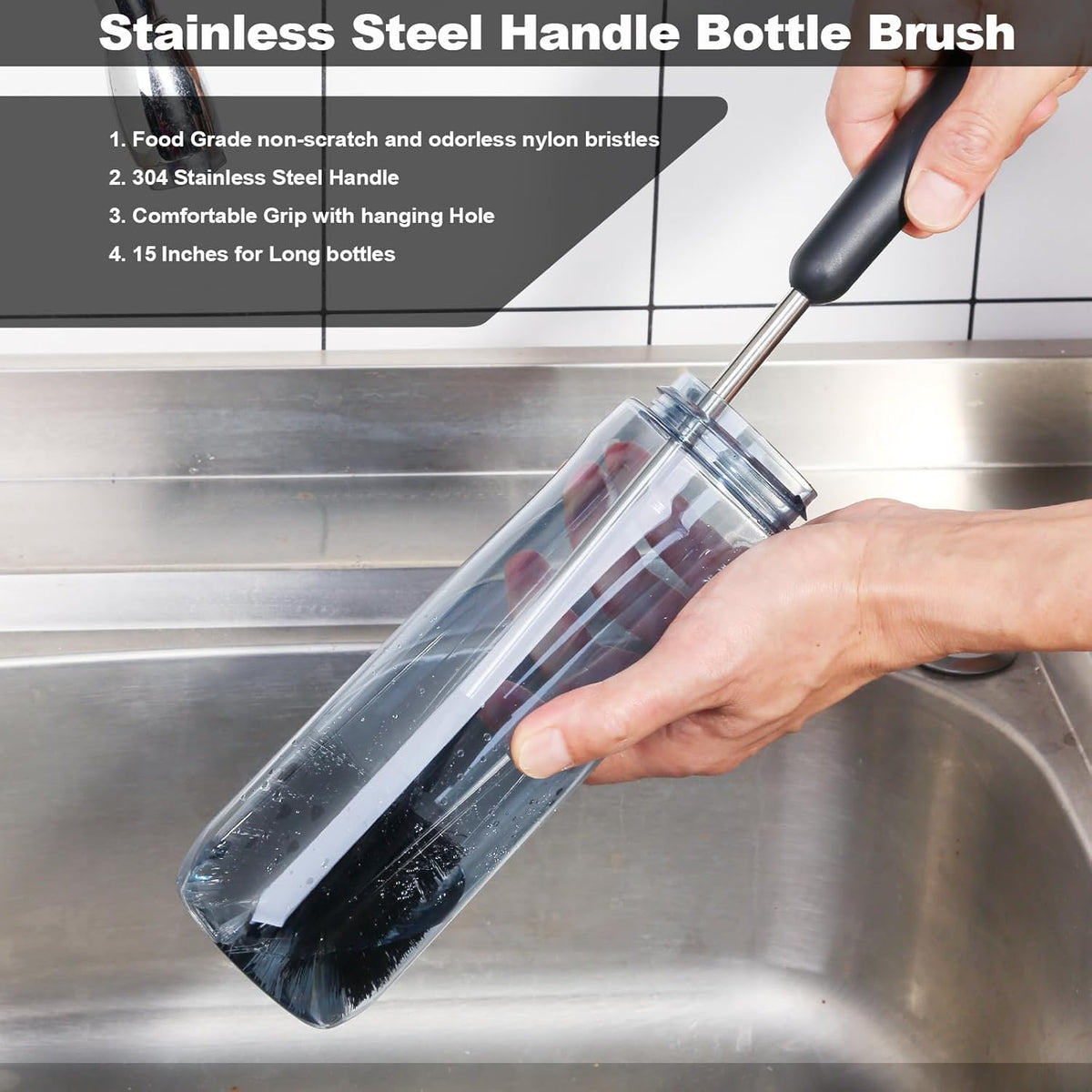 Water Bottle Brush, 15 Inches Long Stainless Steel Handle Bottle Brush Cleaner, Bottle Scrubber