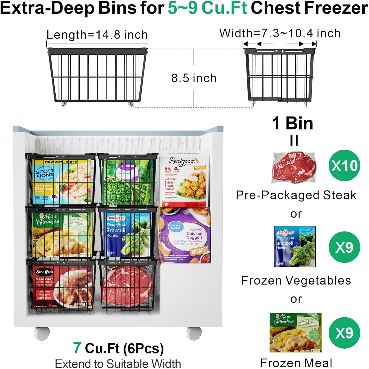 iSPECLE Freezer Organizer Bins - 6 Pack Adjustable & Extra Large Chest Freezer Organizer Bins for 5