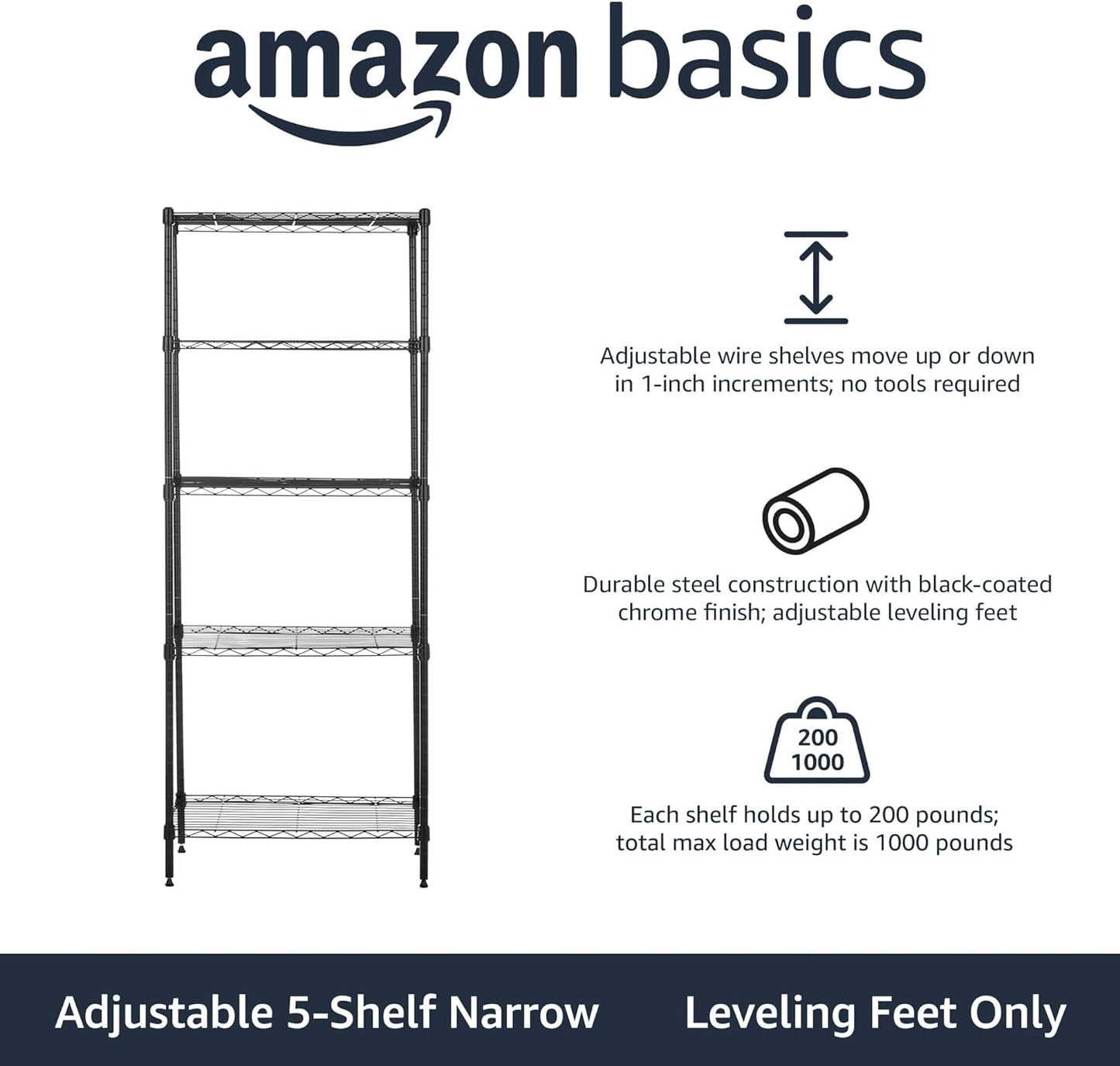 Amazon Basics 5-Shelf Multipurpose Adjustable Sturdy Steel Storage Shelving Unit, Easy Assembly