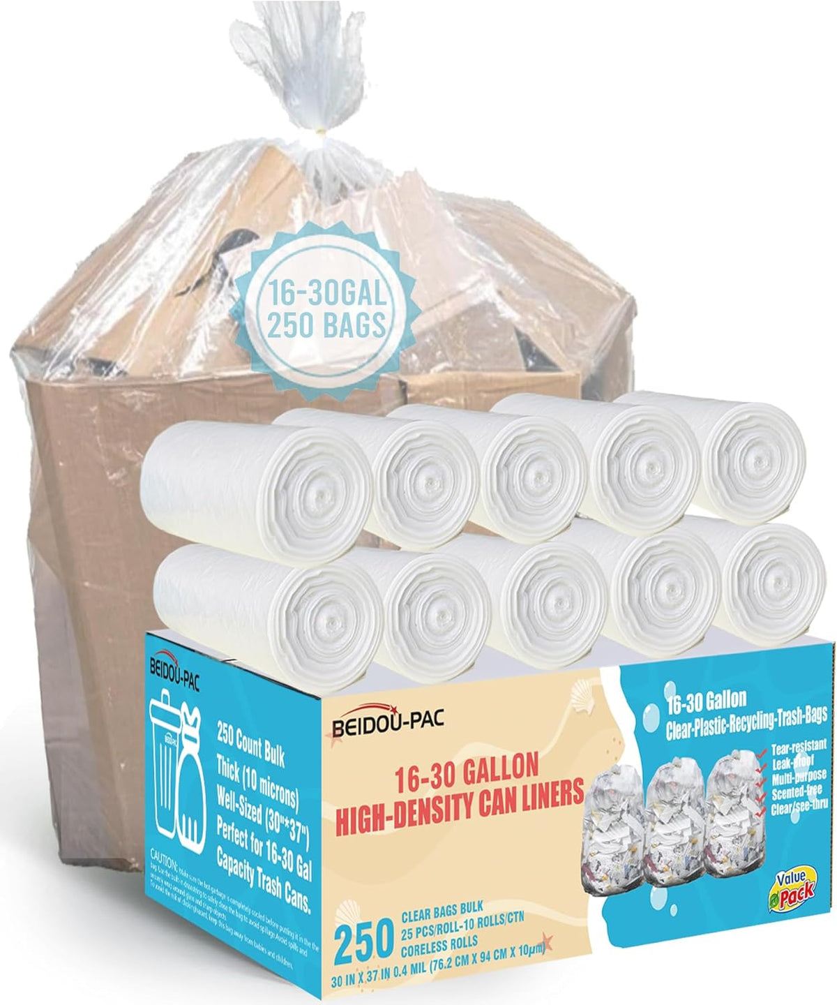 16-18-20-30 Gallon Trash Bags, 250 Count Bulk, Clear Plastic Recycling Bags, Multi-purpose Garbage