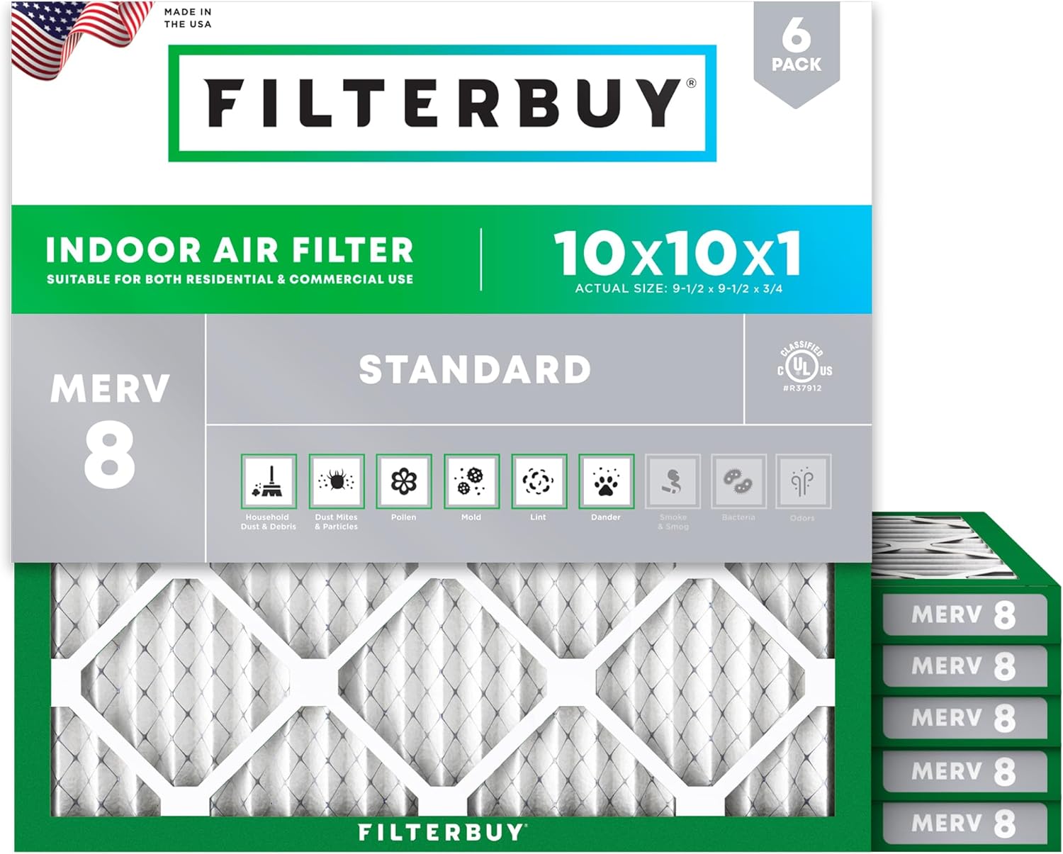 Filterbuy 10x10x1 Air Filter MERV 8 (MPR 700) Dust Defense Replacement (6-Pack), Electrostatic