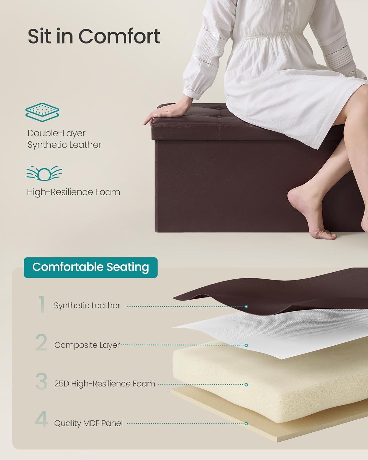 SONGMICS MAZIE Collection - 43 Inches Folding Storage Ottoman Bench, Ottoman with Storage, Foot