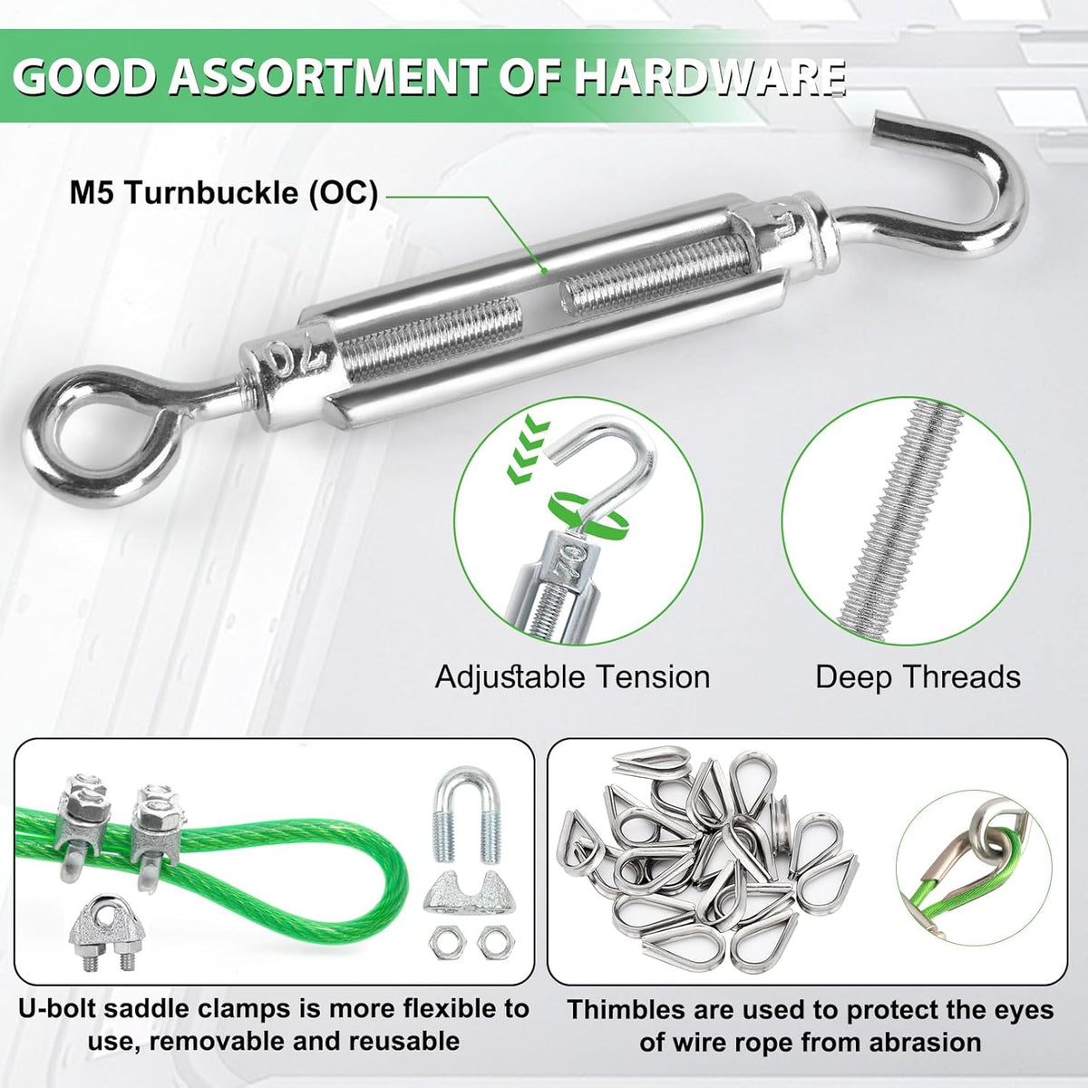 100 Ft Turnbuckles for Cables Wire, 3/16" Green PVC Coated Wire Rope Kit, Multi-use Steel Cable for