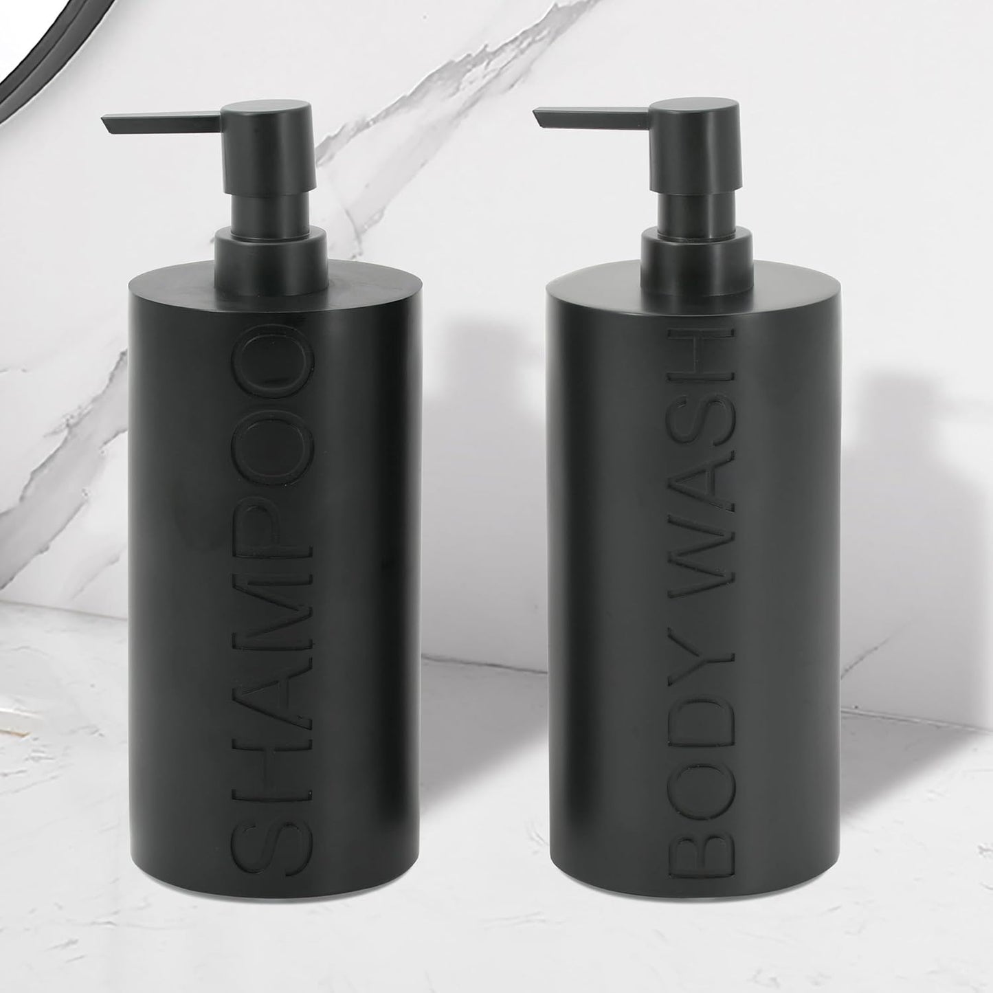 Matte Black Resin 2 Piece Shampoo and Body Wash Dispenser Set, Luxurious Refillable Pump Bottles