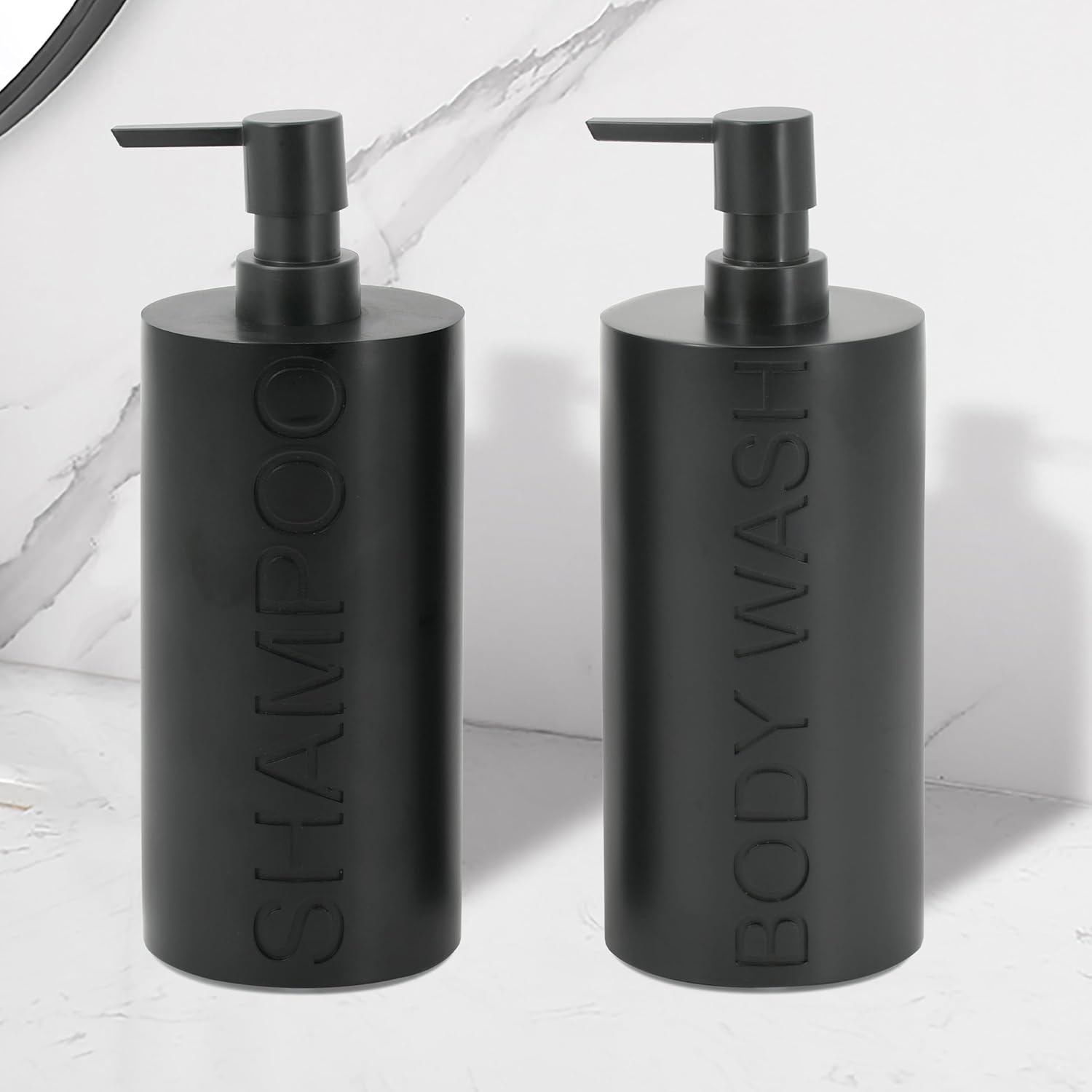 Matte Black Resin 2 Piece Shampoo and Body Wash Dispenser Set, Luxurious Refillable Pump Bottles