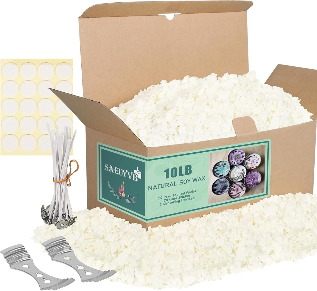 SAEUYVB Natural Soy Candle Wax for Candle Making, 10lb Bag, Premium Soy Wax Flakes, 20 Cotton