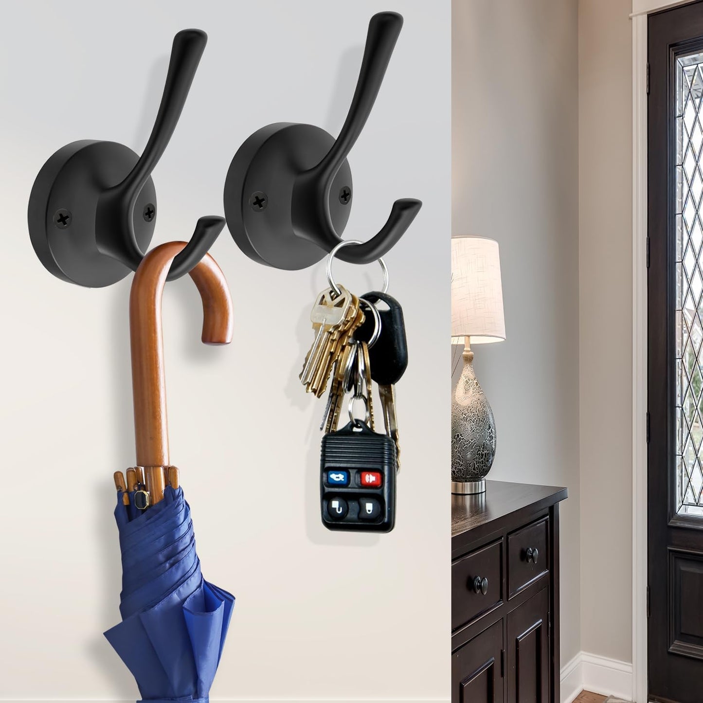 Black Towel Hooks, 2 Pack Coat Robe Hook Heavy Duty Metal Double Bathrobe Hook Wall Mounted, Hand