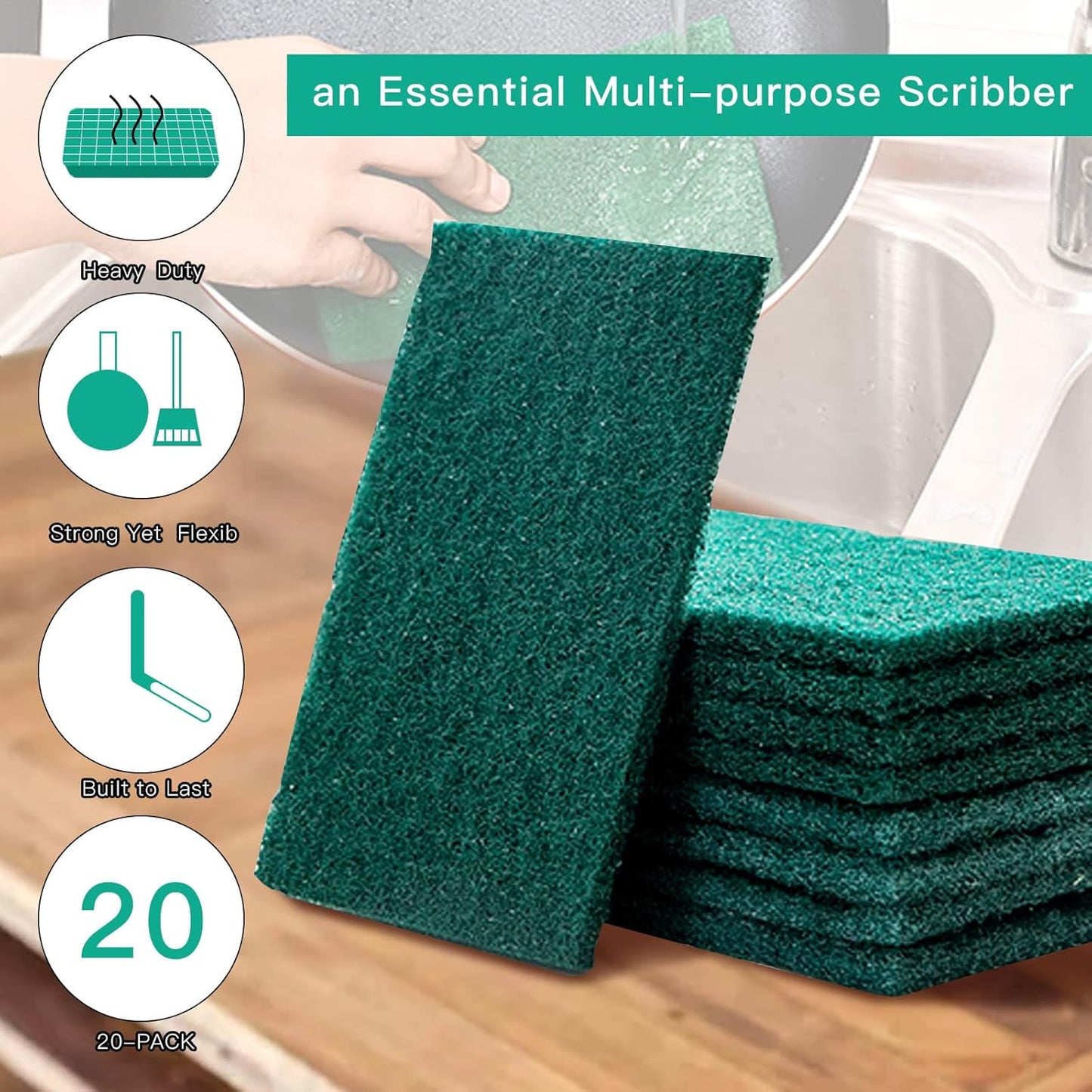 Heavy Duty Scour Pads Sponge Dish Scrubber Non-Scratch Green Reusable Household Scrub Pads for