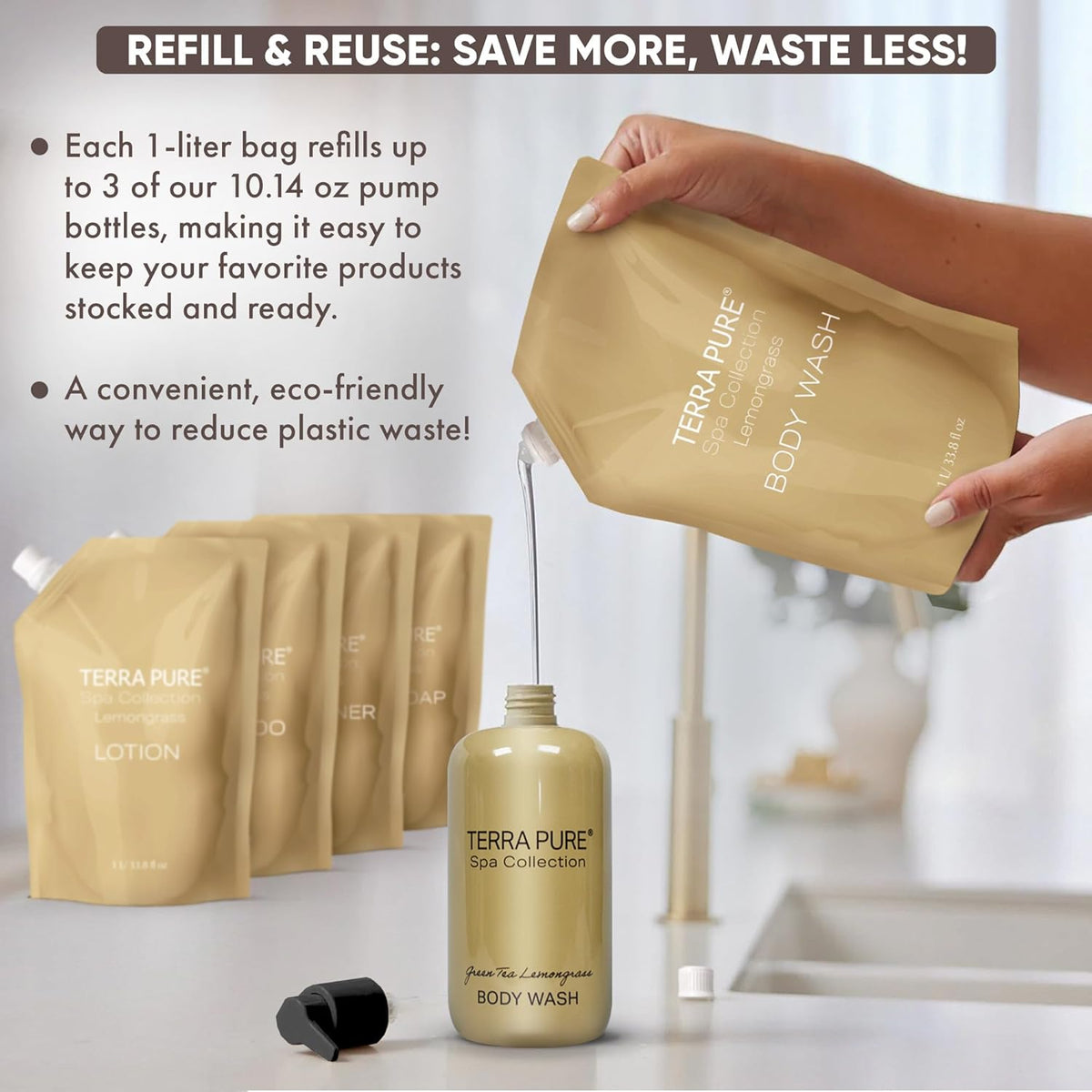 Terra Pure Spa Collection 1 Liter Body Wash Refill Bag For Soap Dispensers | Bulk Toiletries for