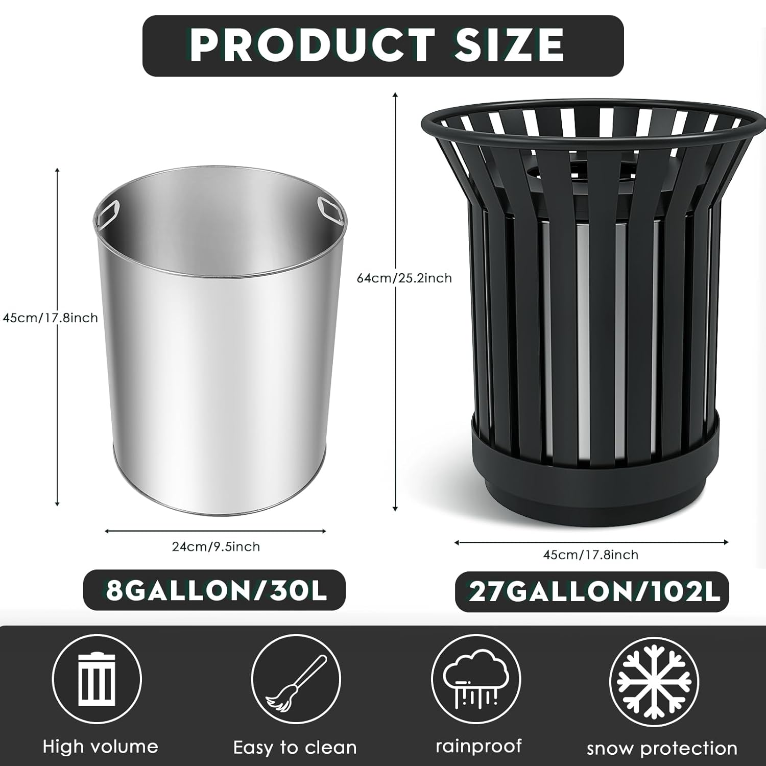 25.2IN Large Round Large Outdoor Trash Can, Heavy Duty Metal Slatted Garbage Can Outdoor, All