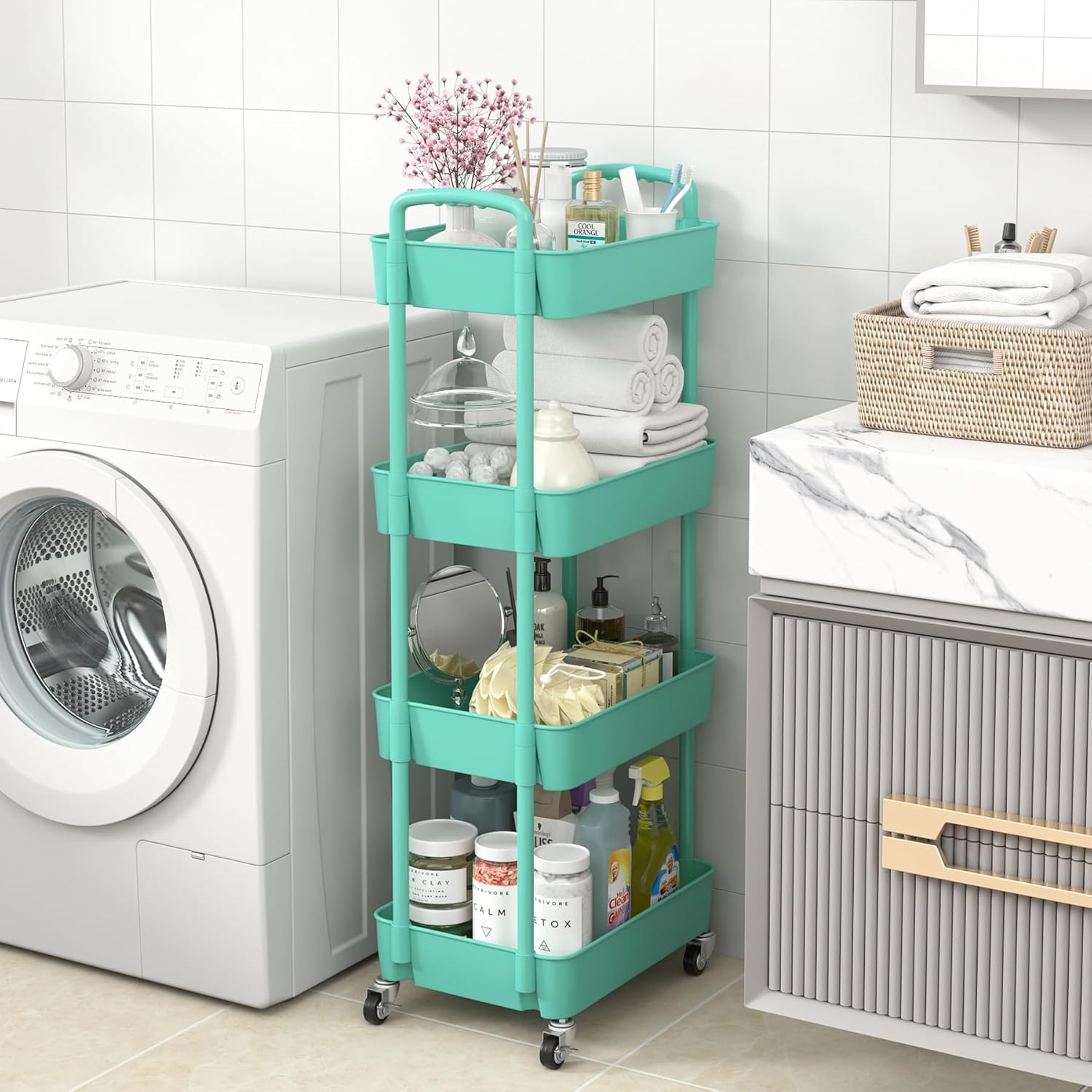Sywhitta 4-Tier Plastic Rolling Utility Cart with Handle, Multi-Functional Storage Trolley for