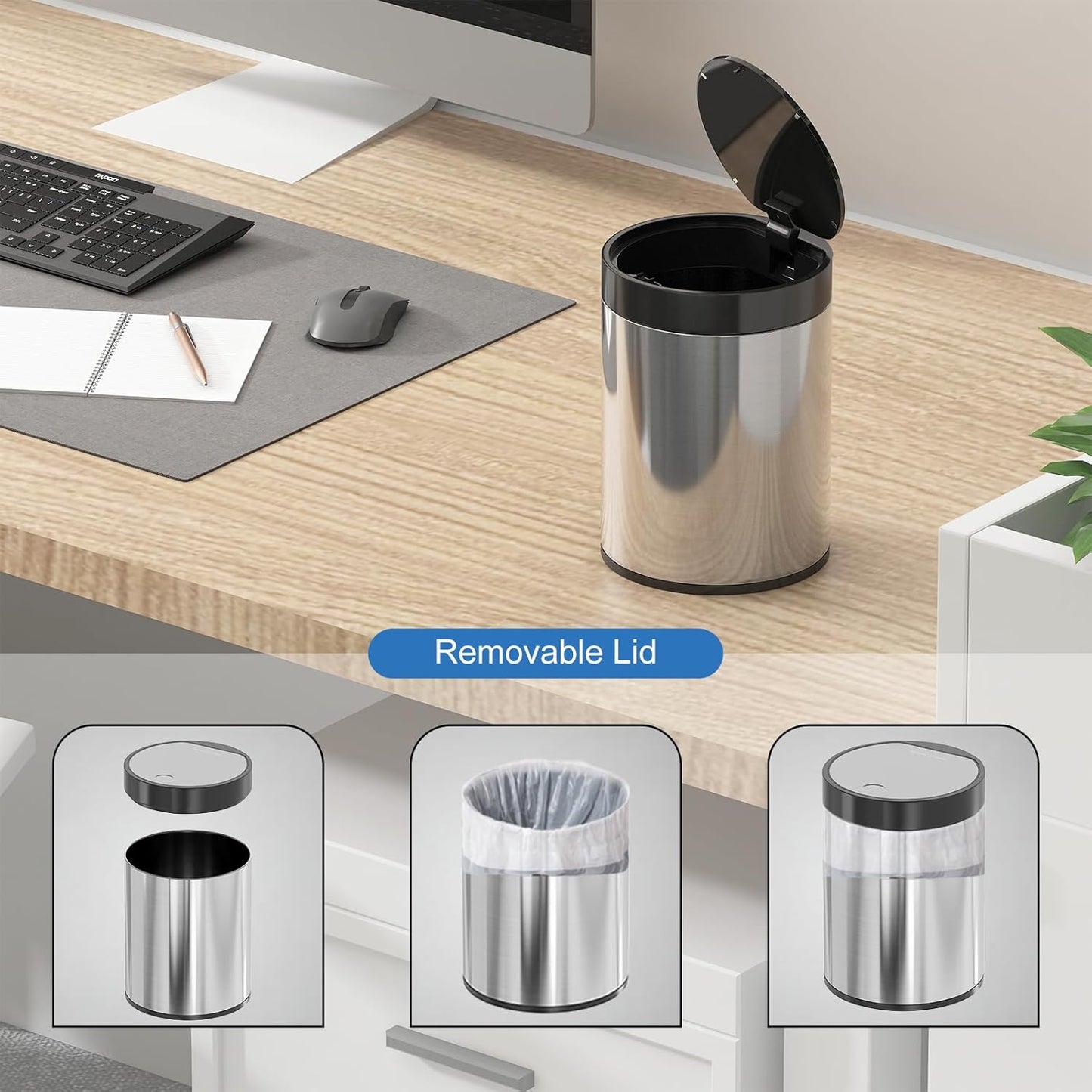 Mini Trash Can for Desk 0.4 Gallon,1.5L Stainless Steel mini Desk Trash can with Lid,Tiny Trash Can
