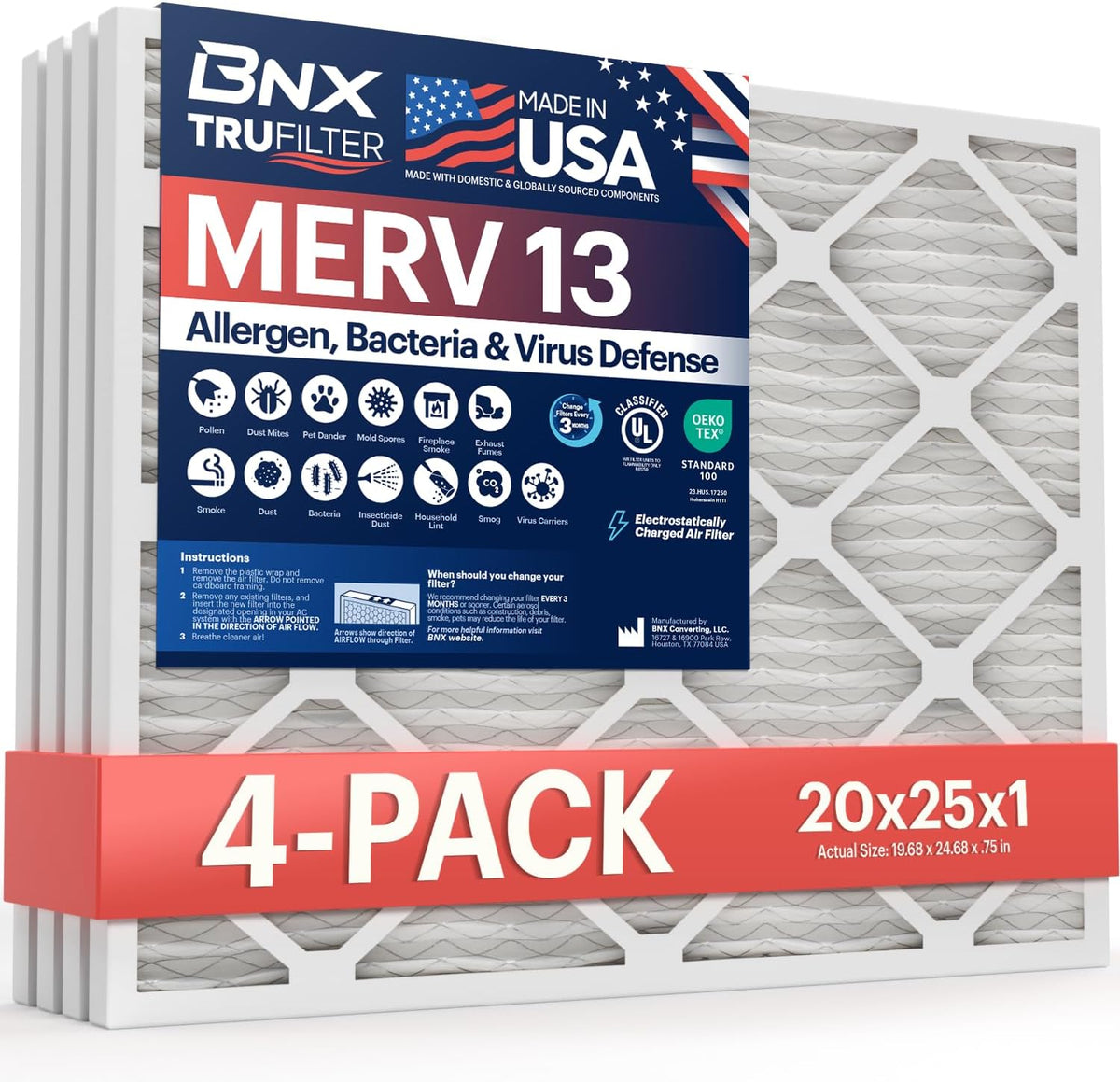 BNX TruFilter 20x25x1 Air Filter MERV 13 (4-Pack) - MADE IN USA - Electrostatic Pleated Air