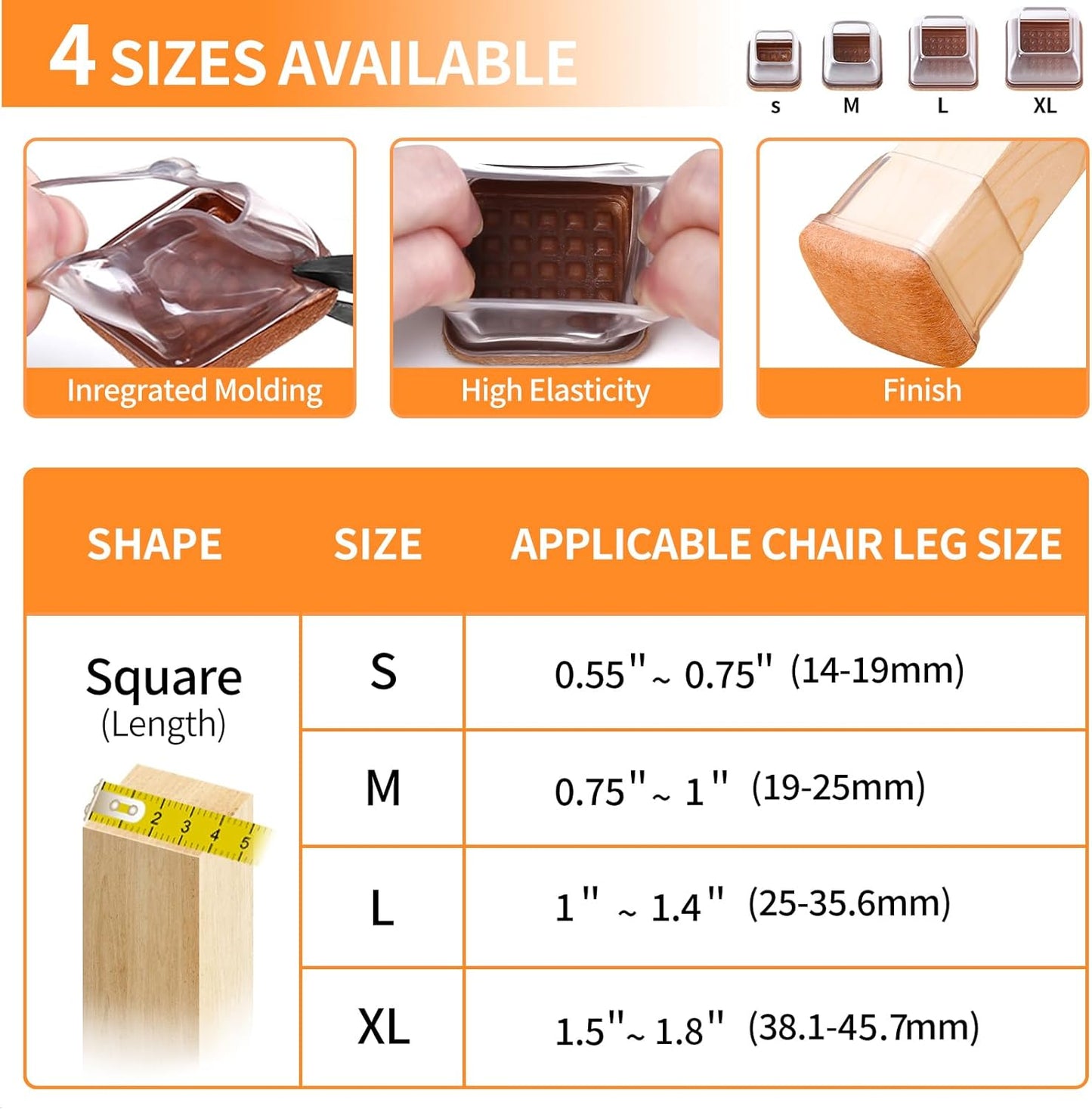 Ezprotekt 24 Pcs XL Square Clear Chair Leg Floor Protectors, Silicone Felt Furniture Pads Caps for
