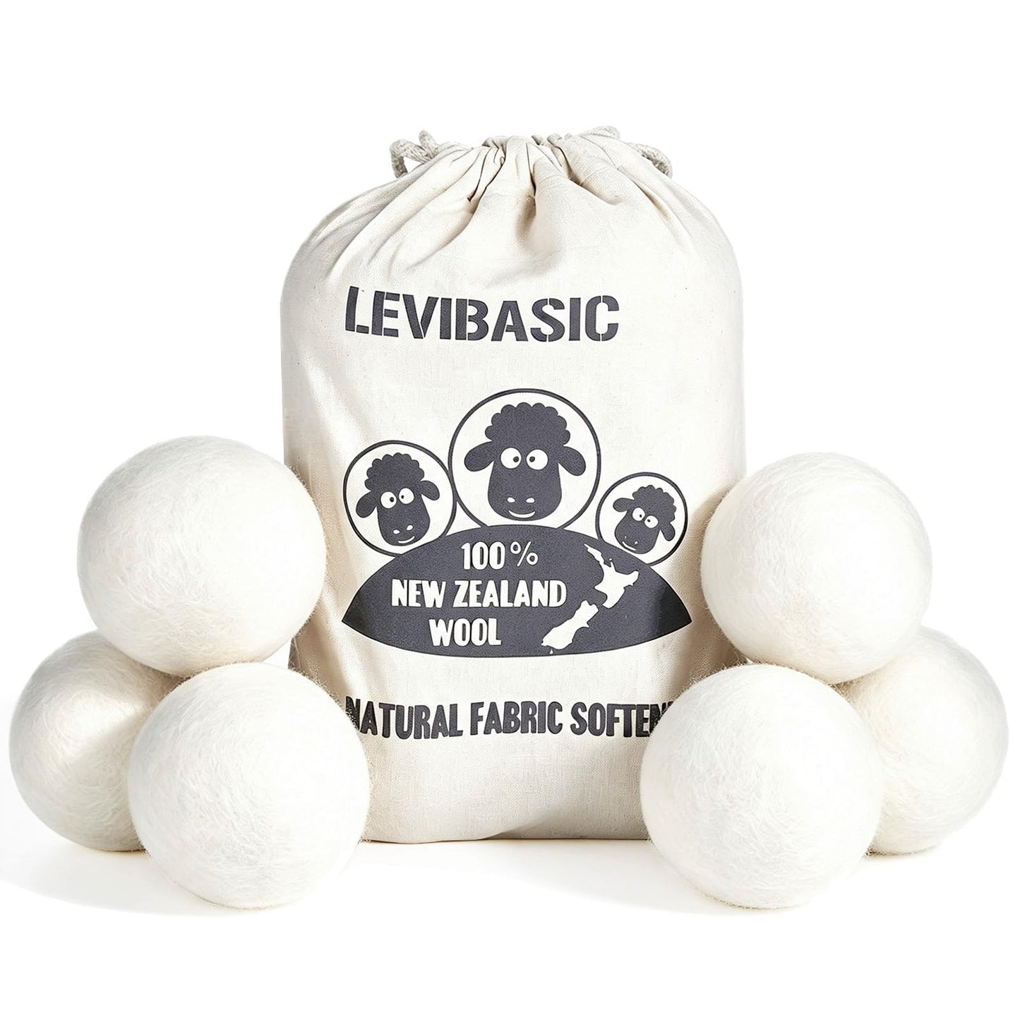 LEVIBASIC Wool Dryer Balls 6 Pack, 100% New Zealand Wool to Core
