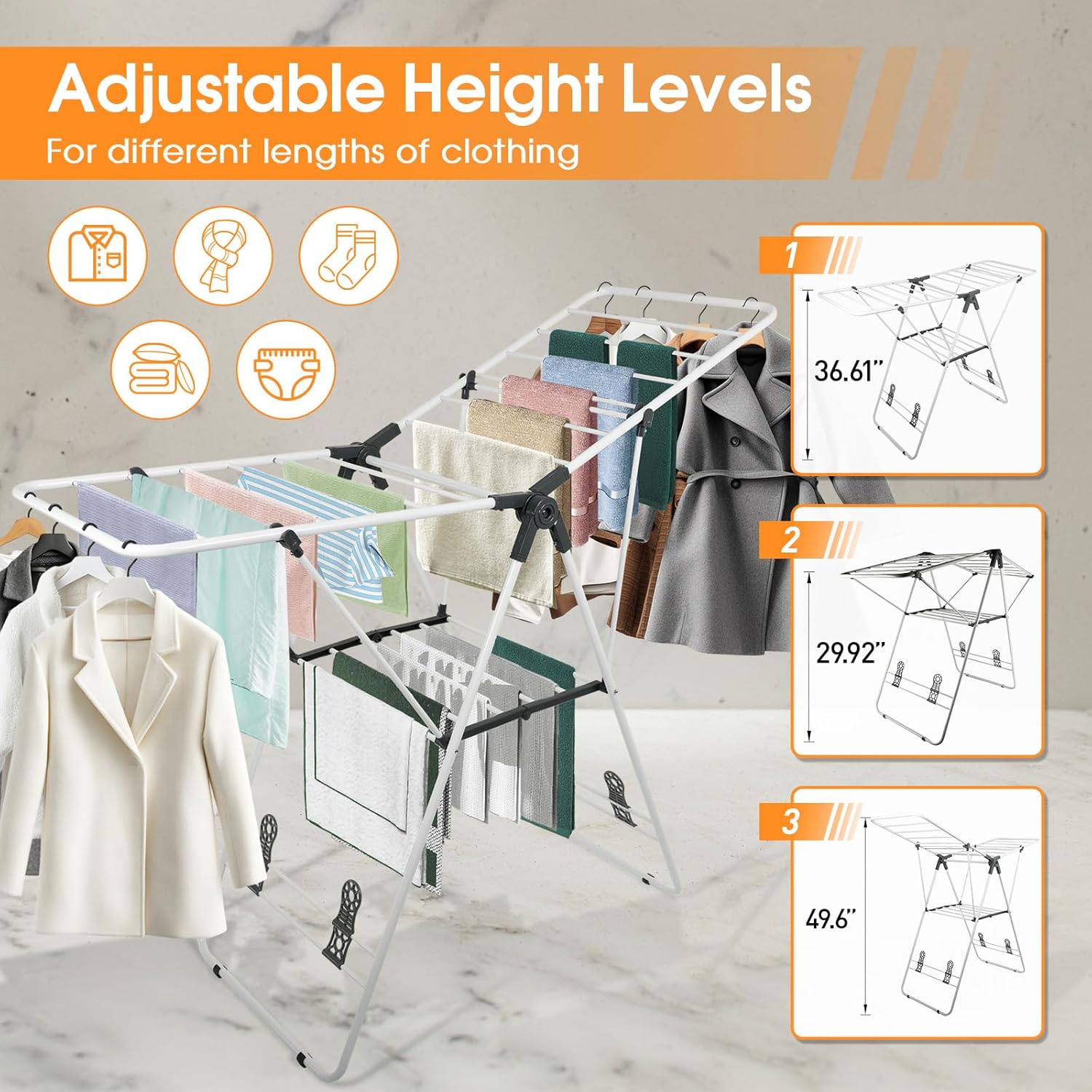 Clothes Drying Rack Foldable, Metal Laundry Drying Rack, with Height-Adjustable Wings, Space