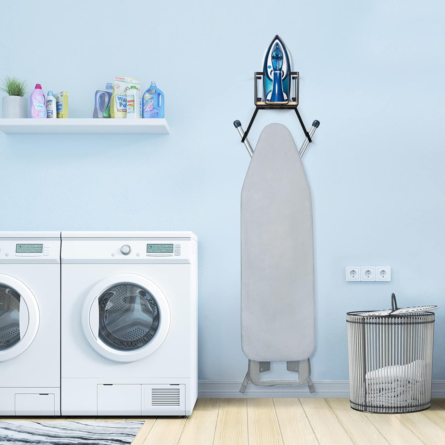 TJ.MOREE Wall Mount/Over The Door Ironing Board Holder with Large Storage Basket, Laundry Room Iron