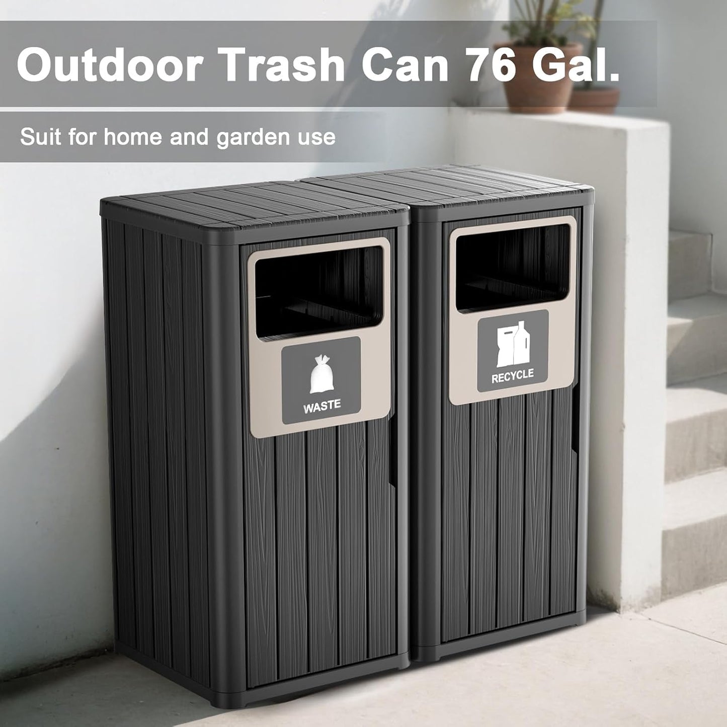 Outdoor Double Barrel Trash Can,Waterproof Resin Garbage Can with Garbage Labels,Durable Waste Bin
