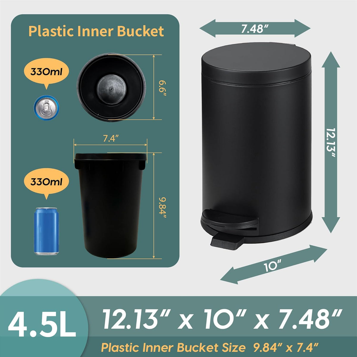 SunnyPoint 4.5 Liter(1.2 Gallon) Small Round Trash Can with Plastic Inner Bucket; Bathroom, Office